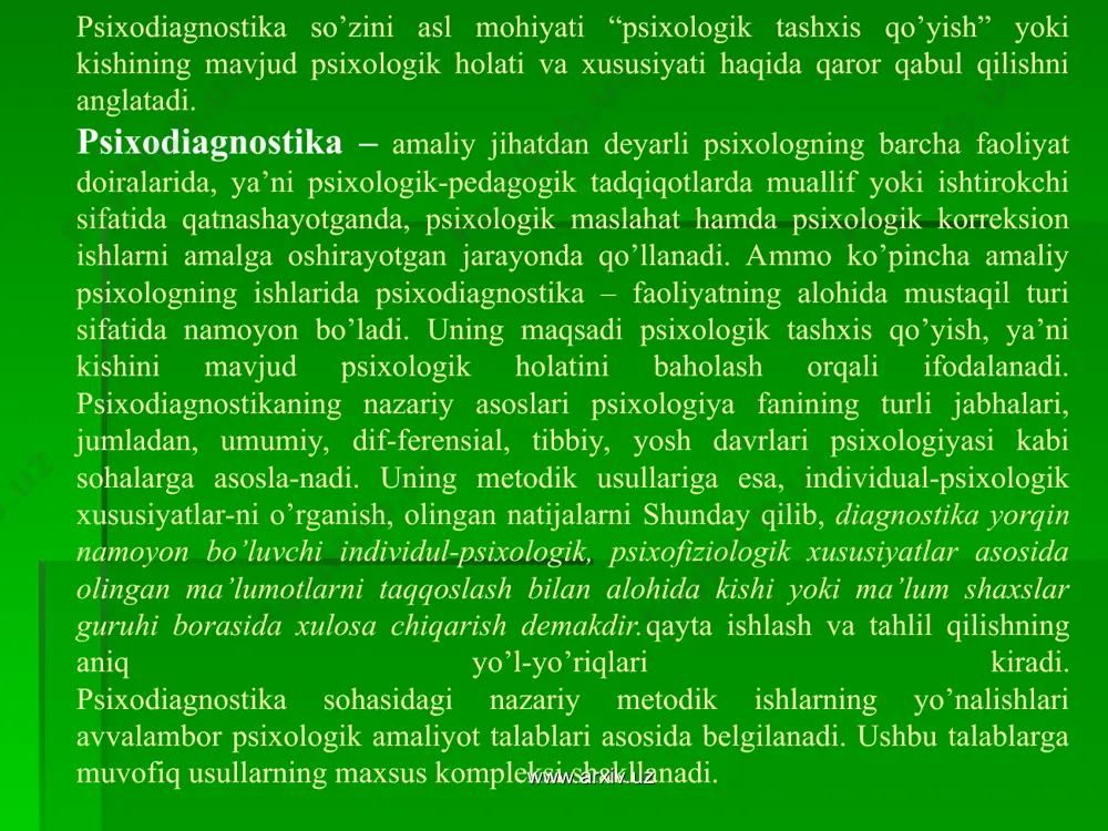 siyatlar asosida olingan ma’lumotlarni taqqoslash bilan alohida kishi yoki ma’lum shaxslar guruhi borasida xulosa chiqarish demakdir.qayta ishlash va tahlil qilishning aniq yo’l-yo’riqlari kiradi. psixodiagnostika sohasidagi nazariy metodik ishlarning yo’nalishlari avvalambor psixologik amaliyot talablari asosida belgilanadi. ushbu talablarga muvofiq usullarning maxsus kompleksi shakllanadi. www.arxiv.uz www.arxiv.uz 1.2. psixodiagnostikaning predmeti va vazifalari psixodiagnostika psixologiyani ilmiy va amaliy jabhalaridan tashqari, uning boshqa sohalarida ham keng qamrovda qo’llaniladi. masalan, tibbiy psixologiya, patopsixologiya, injenerlik psixologiyasi, mehnat psixologiyasi kabi insonning psixologik xususiyatlarini bilish talab qilinadigan barcha sohalarida foydalaniladi. ilmiy va amaliy psixodiagnostika yuqorida qayd etilgan barcha holatlarda ham o’ziga xos muhim vazifalarni hal etadi. ularga quyidagilar kiradi: insondagi mavjud biror psixologik xususiyat yoki xulq-atvori holatini aniqlash; mazkur xususiyatning shakllanganligi, ya’ni uning miqdoriy va sifatiy ko’rsatkichlarda namoyon bo’lishi darajasini o’rganish; zarur bo’lgan holdagina shaxsning tashxis qilinayotgan xulq-atvoridagi psixologik xususiyatlarini ochib berish; o’rganilayotgan xususiyatlarning shakllanganlik darajasini taqqosiy ishlanmasini yaratish. amaliy psixodiagnostikada sanab o’tilgan vazifalarning har biri alohida yoki kompleks …
