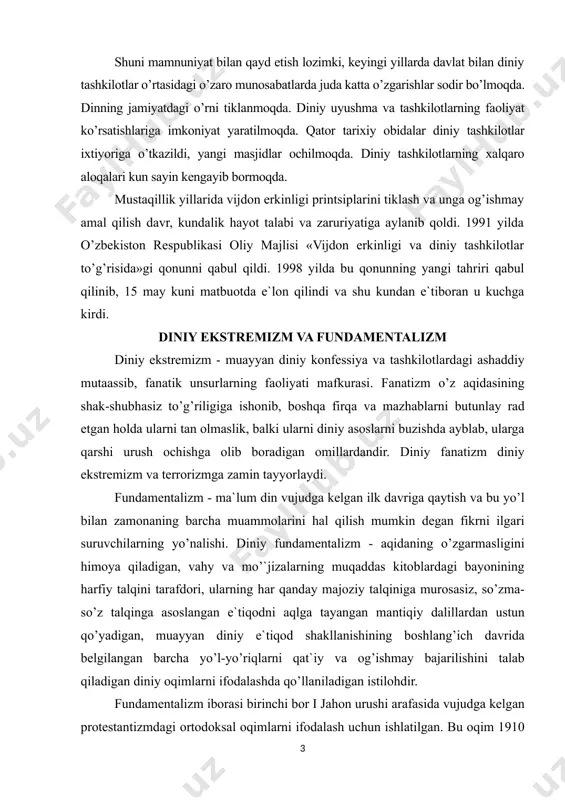 larini hal qilish mumkin degan fikrni ilgari suruvchilarning yo’nalishi. diniy fundamentalizm - aqidaning o’zgarmasligini himoya qiladigan, vahy va mo’`jizalarning muqaddas kitoblardagi bayonining harfiy talqini tarafdori, ularning har qanday majoziy talqiniga murosasiz, so’zma-so’z talqinga asoslangan e`tiqodni aqlga tayangan mantiqiy dalillardan ustun qo’yadigan, muayyan diniy e`tiqod shakllanishining boshlang’ich davrida belgilangan barcha yo’l-yo’riqlarni qat`iy va og’ishmay bajarilishini talab qiladigan diniy oqimlarni ifodalashda qo’llaniladigan istilohdir. fundamentalizm iborasi birinchi bor i jahon urushi arafasida vujudga kelgan protestantizmdagi ortodoksal oqimlarni ifodalash uchun ishlatilgan. bu oqim 1910 yildan keyin shu nom bilan atala boshlagan. fundamentalistlar xristianlikning an`anaviy aqidalariga, ayniqsa bibliyaning mutlaqo mukammalligiga ishonishni mustahkamlashni, uni so’zma-so’z sharhlashga qat`iy rioya qilishni talab qildilar. bu oqim keyinchalik amerikada keng tarqalib ketdi. 1919 yili filadelfiyada jahon xristian fundamentalistlari assotsiatsiyasiga asos solindi. asrimizning 70-yillaridan boshlab esa, bu so’z islomga nisbatan qo’llanila boshlandi. islom fundamentalizmi zamonaviy islomdagi uch yo’nalishdan biridir (qolgan ikkitasi - traditsionalizm va modernizm). islom fundamentalizmining asosiy g’oyasi - «sof …