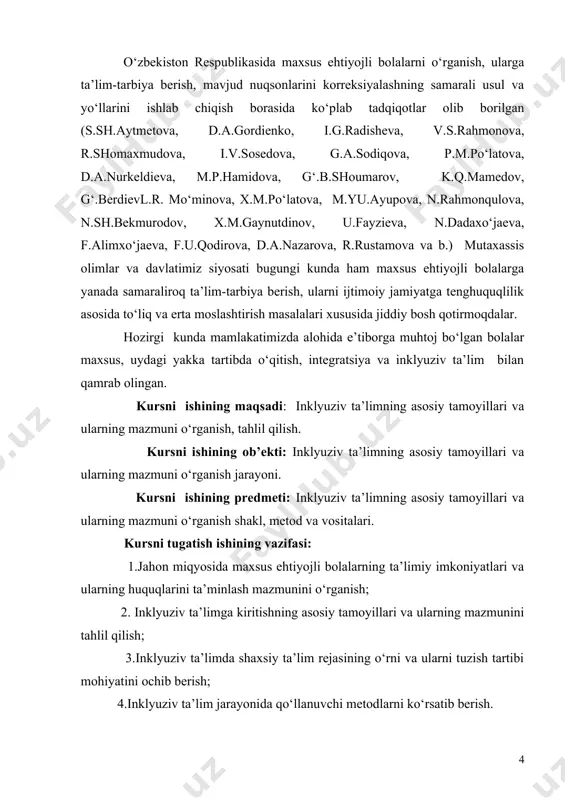 ni ko‘rsatib berish. kursni tugatish ishining metodologik asosi: o‘zbekiston respublikasi birinchi prezidenti i.a. karimovning asarlarida ilgari surilgan pedagogik g‘oyalari, sharq mutafakkirlarining yoshlarga ta’lim-tarbiya berish borasidagi fikrlari, xukumatning ta’lim-tarbiya borasida qabul qilingan qarorlari, o‘zbekiston respublikasi konstitutsiyasi, “ta’lim tug‘risidagi qonun”, “kadrlar tayyorlash milliy dasturi”, milliy mafkura va istiqlol g‘oyasi. kursni tugatish ishining tuzilishi: kirish, to‘rt bo’lim, xulosa, foydalanilgan adabiyotlar ro‘yxatidan va 23 sahifadan iborat. 1. jahon miqyosida maxsus ehtiyojli bolalarning ta’limiy imkoniyatlari va ularning huquqlarini ta’minlash. jahon miqyosida maxsus ehtiyojli bolalarning ta’limiy imkoniyatlarini va ularning huquqlarini ta’minlash jarayonini bosqichma-bosqich o‘rganish natijasida “ta’lim - barcha uchun” maqsadlarini amalga oshirish va maxsus yordamga muhtoj bolalarning to‘laqonli mukammal ta’lim olishlarini ta’minlash maqsadida 1994 yilning 7-10 iyun kunlarida ispaniya davlatining va yuneskoning yordamida salamanka shahri (ispaniya)da ikkinchi yirik umumjahon konferensiyasi bo‘lib o‘tdi. mazkur konferensiya “salamanka deklaratsiyasi va alohida yordamga muhtoj bolalar ta’limining kelgusida ijrosini ta’minlash ramkasi” deb atalib, shu yili “salamanka bayonoti va ish faoliyat rejasi” …