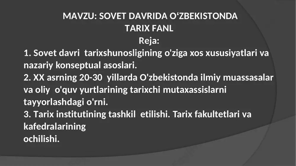 ilgan turkiston xalq universitetidir. sal keyinroq andijon, qо‘qon, samarqand, farg‘ona, jizzax va boshqa shaharlarda uning filiallari ochildi. 1919-yilda toshkentda fizioterapiya ilmiy-tekshirish instituti tuzildi. 20-yillarda tarix, tibbiyot, tabiiy fanlar sohasida qator ilmiy-tekshirish institutlari ochildi. 1920-yilda turkiston davlat universiteti (1923-yildan о‘rta osiyo davlat universiteti, 1960-yildan toshkent davlat universiteti, hozir- о‘zbekiston milliy universiteti) tashkil qilindi. keyinchalik mintaqadagi tabiiy boyliklarni о‘rganish maqsadida universitet negizida mustaqil oliy о‘quv yurtlari va fanning turli yо‘nalishlari bо‘yicha qator ilmiy muassasalar ochildi. 1940-yilda toshkentda 1932-yilda tuzilgan ilmiy komitet asosida о‘zbekistondagi sssr fa filiali tashkil etildi va shu vaqtdan boshlab filial о‘zbekistondagi bosh ilmiy-tadqiqot markazi bо‘lib kelayapti. о‘sha paytda uning tarkibiga geologiya, botanika, kimyo, suv xо‘jaligi muammolari (1941-yildan energetika instituti), tarix, til va adabiyot institutlari; tuproqshunoslik, zoologiya, fizika va matematika (geliotexnika laboratoriyasi bilan) bо‘limlari; toshkent astronomik observatoriyasi (kitob kenglik stansiyasi bilan); kartografiya va iqtisodiy tadqiqotlar byurosi kirgan. 1940-yilda о‘zbekistonning ilmiy-tekshirish institutlarida va oliy о‘quv yurtlarida 3 mingdan ortiq ilmiy va …