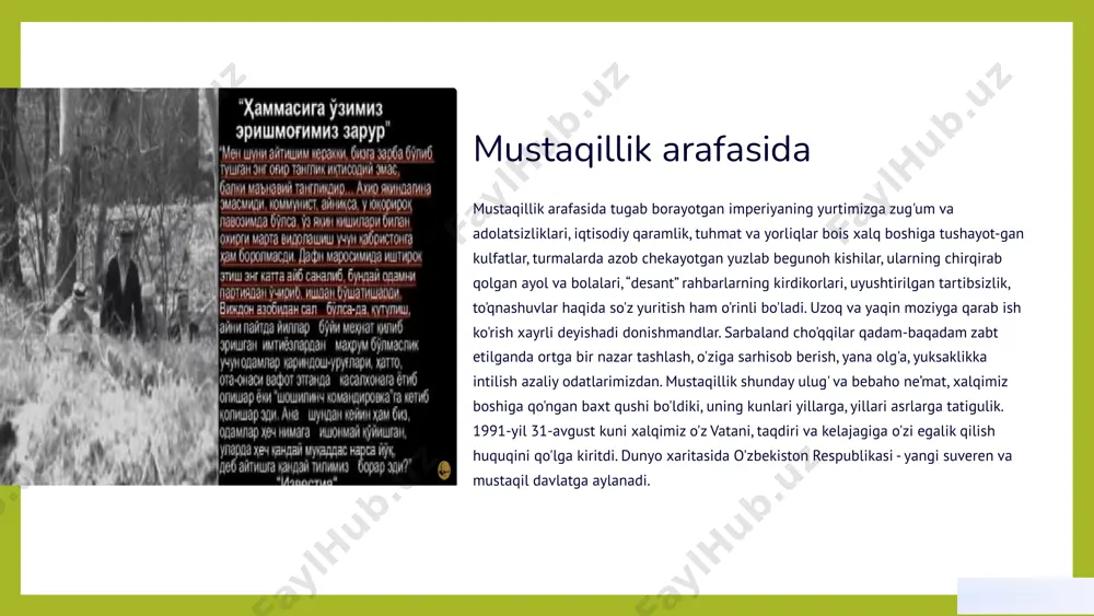 lolari bilan dong taratgan xalqimiz o'z istiqlolini osonlikcha qo'lga kiritgani yo'q. yaqin o'tmishda qariyb bir asr davomidagi mustamlaka holatidagi holat, ungacha ham haq-huquqlari poymol etib kelingan xalqimiz qaddini, ruhini hech qanday kuch bukolmagan, so'ndirolmagan. o'zbek tiliga davlat tili maqomi berilgani, 1990-1991-yillarda navro'z bayrami qayta tiklangani, ramazon va qurbon hayitlari bayram hamda dam olish kunlari deb e’lon qilingani xalqimizning asriy orzu va armonlari ro'yobga chiqishi, milliy qadriyatlarimiz tiklanishi yo'lidagi dastlabki yirik qadamlar bo'lganini alohida ta’kidlash zarur. 3 mustaqillikning kafolati mustaqillikka erishilishi bilan dastlab uning kafolati bo'lmish konstitutsiyaning qabul qilinishi, mamlakatni modemizatsiyalash milliy davlatchiligimizni barpo etish yo'lidagi zalvorli qadam bo'ldi. 4 milliy o'zlikning tiklanishi o'tgan tarixan qisqa vaqt davomida elimizning fidokorona mehnati va qat’iyati bilan milliy o'zligimiz, qadimiy tariximiz, boy madaniyatimiz, ezgu qadriyat va an’analarimiz qayta tiklandi. davlat va jamiyat hayotining tub asoslari o'zgarib, mamlakatimiz dunyo hamjamiyatida o'zining munosib o'rniga ega bo'ldi. 5 taraqqiyotning yangi bosqichi mustaqillikning qadr-qimmati mustaqillikning qadr-qimmati va ahamiyati …