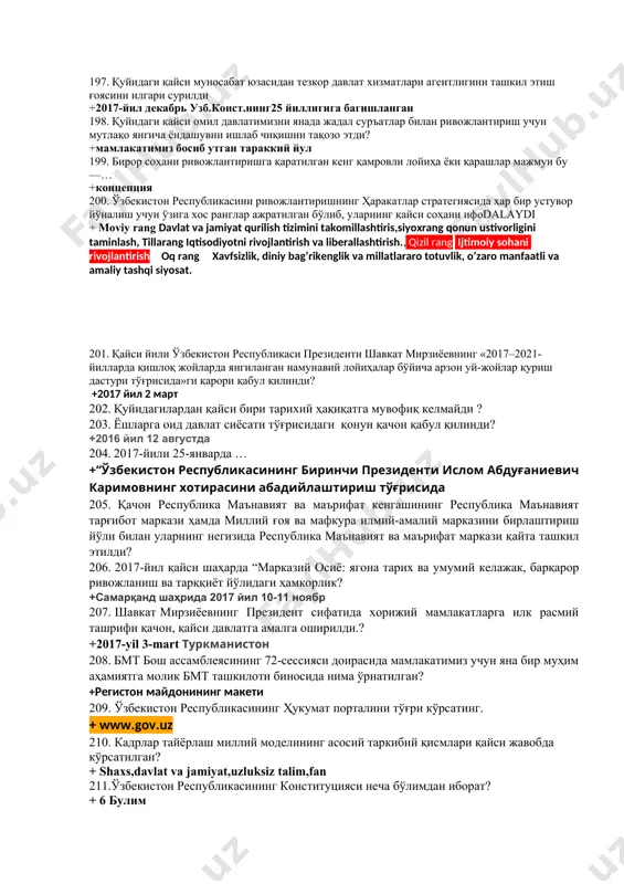 утини янада такомиллаштириш чора-тадбирлари тўғрисида c) фуқароларнинг ўзини ўзи бошқариш органлари тўғрисида 1-c.2-b.3-a 194. президентнинг нечанчи йилдаги фармони асосида фуқаролар йиғинларининг уюшмаси сифатида фуқароларнинг ўзини ўзи бошқариш органлари фаолиятини мувофиқлаштириш бўйича республика кенгаши ташкил этилди? 1993 йил 2 сентябрь 195. ҳар бир фуқаро – сайловчи бир овозга эга. ….. ёшдан кам бўлмаган фуқаро ўзбекистон республикаси президенти, …… ёшга тўлганлар олий мажлисга, ….. ёшга тўлганлар вилоят, туман ва шаҳар кенгашларига депутат этиб сайланиш ҳуқуқига эга. 35,25,21 196. давлат ҳокимияти ва бошқарувини демократлаштиришга асосан конституциянинг нечанчи моддаларига ўзгартиришлар киритилиб, унга асосан бош вазир номзоди сайловларда (олий мажлис) энг кўп депутатлик ўринларини олган сиёсий партия ёки тенг миқдорда кўп ўрин олган сиёсий партиялар томонидан таклиф этилади, президент тақдим этилган номзодни кўриб чиқиб 10 кун муддат ичида олий мажлис палаталари томонидан кўриб чиқиш ва тасдиқлаши учун таклиф этадиган бўлди? 197. қуйидаги қайси муносабат юзасидан тезкор давлат хизматлари агентлигини ташкил этиш ғоясини илгари сурилди +2017-йил …