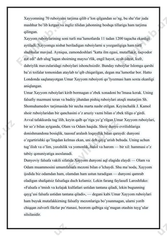ri, bir so’z bilan aytganda, olam va odam haqida. shoir dunyo evrilishlariga donishmandona bosiqlik, taassuf aralash loqaydlik bilan qaraydi: dunyoni o’zgartirishki qo’lingdan kelmas ekan, uni deb qayg’urish behuda. uning uchun tug’ilish va o’lim, yaxshilik va yomonlik, halol va harom — bir xil: hammasi o’z tabiiy qonuniyatiga asoslanadi. dunyoviy falsafa vakili sifatida xayyom dunyoni aql elagida elaydi — olam va odam muammosini umumfalsafa mezoni bilan o’lchaydi. shu ma’noda, xayyom ijodida biz odamdan ham, olamdan ham ustun turadigan — dunyoni qamrab oladigan shafqatsiz falsafaga duch kelamiz. lekin farang faylasufi laroshfuko: «falsafa o’tmish va kelajak kulfatlari ustidan tantana qiladi, lekin bugunning qayg’usi falsafa ustidan tantana qiladi», — degani kabi umar xayyom ruboiylari ham buyuk mutafakkirning falsafiy mezonlariga bo’ysunmagan, ularni yorib chiqqan zalvorli fikrlar po’rtanasi, beorom qalbiga sig’magan otashin tuyg’ular silsilasidir. agar shunday bo’lmaganda, xayyomning isyonkor she’riyati ham dunyoga kelmas edi. buyuk olim, astronom umar xayyom 1122 yili nishopurda vafot etadi. ruboiylar afsus, umr …