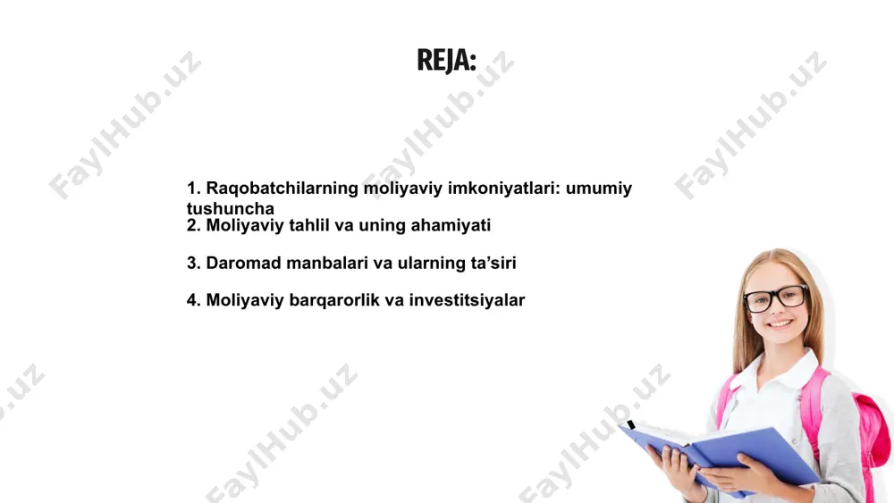 ilar. turli strategiyalar orqali daromad manbalarini kengaytirish raqobatbardoshlikni oshiradi. yangi yo‘nalishlar va samarali investitsiyalar moliyaviy barqarorlikni ta’minlashga yordam beradi. moliyaviy barqarorlik va investitsiyalar raqobatchilarning moliyaviy imkoniyatlari ularning bozordagi ustunligi va rivojlanish yo‘nalishlarini belgilaydi. barqaror moliyaviy holat kompaniyaga strategik qarorlar qabul qilishga yordam beradi. investitsiyalar kompaniyaning o‘sishi va rivojlanishi uchun muhim ahamiyatga ega. ular yangi texnologiyalar va innovatsion loyihalarni amalga oshirish imkoniyatini oshiradi. 01 moliyaviy barqarorlik raqobatbardoshlikni oshirish vositalaridan biridir. kapital oqimining samarali boshqaruvi biznesning uzoq muddatli muvaffaqiyatini ta’minlashga xizmat qiladi. xarajatlar va samaradorlik ko‘rsatkichlari raqobatchilarning moliyaviy imkoniyatlari biznesning barqarorligiga ta’sir ko‘rsatadi. xarajatlarni boshqarish samaradorlikni oshirib, korxona foydaliligini oshirishga yordam beradi. moliyaviy barqarorlik raqobatbardoshlikni mustahkamlaydi. xarajatlar tahlili kompaniyaning iqtisodiy samaradorligini belgilashda muhim ahamiyatga ega. samarali xarajat boshqaruvi foyda marjasini yaxshilashga va resurlarni tejashga yordam beradi. moliyaviy imkoniyatlarning kuchliligi innovatsiyalar va rivojlanishga yo‘l ochadi. samaradorlik ko‘rsatkichlarini oshirish bozor ulushini kengaytirish va raqobatda ustunlikni ta’minlaydi. qarzdorlik darajasi va uning ta'siri raqobatchilarning moliyaviy imkoniyatlari …