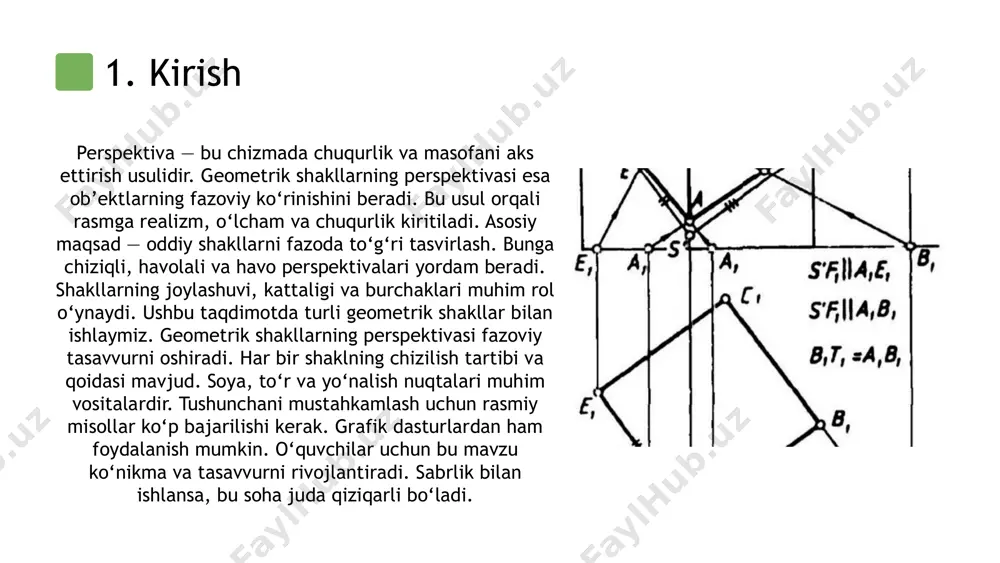 o‘rtburchak ko‘rinishida bo‘ladi. qolgan tomonlar esa yo‘nalish nuqtasiga qarab torayib boradi. kubning yuqori yoki pastki qismi balandlikka qarab o‘zgaradi. har bir burchagi teng bo‘lishi kerak. soya va yorug‘lik hisobga olinsa, rasm yanada real ko‘rinadi. geometrik shakllarni chizishda ko‘p mashq qilish kerak. har bir shaklni alohida perspektivada chizib ko‘rish foydali. mashqlarda soya, o‘lcham va yo‘nalishlar to‘g‘ri tanlanadi. grafik daftar yoki a3 formatdagi varaqlarda mashq qilinadi. avval oddiy kubdan boshlash maqsadga muvofiq. keyin prizma, silindr va murakkab shakllarga o‘tiladi. tajriba bilan chizish aniqligi oshadi. 🟩 4. prizma perspektivasi prizma — tekislikdagi ko‘pburchak asosiga ega uch o‘lchamli shakldir. uni chizishda asosning proyeksiyasi birinchi chiziladi. har bir qirra bir xil uzunlikda bo‘lishi kerak. yo‘nalish nuqtasiga qarab chuqurlik hosil qilinadi. prizmaning qirrali strukturalari uni oson chizishga yordam beradi. har tomon yo‘nalish chiziqlari bilan aniqlanadi. ushbu shakl chizmalar va texnik rasm uchun muhimdir. egri sirtli geometrik shakl bo‘lib, ikki doira va tik sirtga ega. perspektivada silindrning …