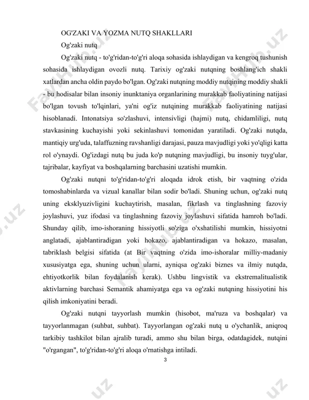 tishga intiladi. tayyor bo'lmagan og'zaki nutqbu o'z-o'zidan ajralib turadi. tasdiqlanmagan og'zaki bayonot (nutqni yozishdagi taklifning asosiy qismida) asta-sekin, qismlar shakllantiriladi, chunki shuni aytganda, buni takrorlash, aniqlashtirish kerakligini bilish kerakligi aytilgan. shuning uchun og'zaki tayyor bo'lmagan nutqda juda ko'p pauza, ammo pauza agregatlaridan foydalanish (so'zlarni kiriting) uh, um) bu kelajak haqida o'ylashga imkon beradi. ma'ruzachi tilning mantiqiy, sintaktik va qisman leksiko-demontexexik darajalarini boshqaradi, i.e. bu uning nutqi mantiqiy va ulanish ekanligini ta'minlaydi, tegishli fikrlar uchun tegishli so'zlarni tanlaydi. tilning fonetik va morfologik darajasi, i.e., talaffuz qilish va grammatik shakllar nazorat qilinmaydi, avtomatik ravishda takrorlanadi. shuning uchun og'zaki nutq kamroq leksiklik, hatto mavjudligi bilan tavsiflanadi nutq xatolari, kichik jumlalarning kichik uzunligi, iboralar va takliflarning murakkabligini cheklash, jalb qilishning yo'qligi va shartli burilishlar, bir nechta kommunikatsiyani mustaqil ravishda mustaqil ravishda bo'lish. jalb qilingan va og'zaki burilishlar odatda almashtiriladi murakkab takliflar eksklyuziv otlarning o'rniga fe'llardan foydalaniladi, inversiya mumkin. misol sifatida bizdan parcha beramiz yozma …