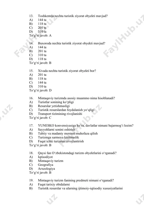 turizm sohasi qaysi tarmoqlar bilan chambarchas bog‘langan? a) sog‘liqni saqlash b) faqat qishloq xo‘jaligi c) qurilish, transport, sanoat d) yagona mustaqil tarmoq javob: c 25. turistik resurslar nimaning asosi hisoblanadi? a) faqat tabiatga oid resurslar b) turizmni tashkil etish asosi c) sanoat rivoji d) qishloq xo‘jaligi javob: b 26. har bir hududning resurs salohiyati nimalarga bog‘liq? a) faqat joylashuvga b) miqdor va sifatiga c) madaniyatiga d) iqlimiga javob: b 27. fanning asosiy maqsadi nima? a) turistlarni ko‘paytirish b) turistik resurslarni reklama qilish c) turistik resurslarni har tomonlama o‘rganish d) faqat tabiatni saqlash javob: c 28. turizm so‘zining negizi bo‘lgan “tour” qaysi tildan olingan? a) inglizcha b) fransuzcha c) lotincha d) nemischa javob: c 29. “tourner” va “tour” so‘zlari qaysi tilga mansub? a) lotincha b) fransuzcha c) nemischa d) inglizcha javob: b 30. tomas kuk turizm tarixida nima bilan mashhur? a) mehmonxona ochgan b) sayohat kitob yozgan c) ommaviy safar uyushtirish …