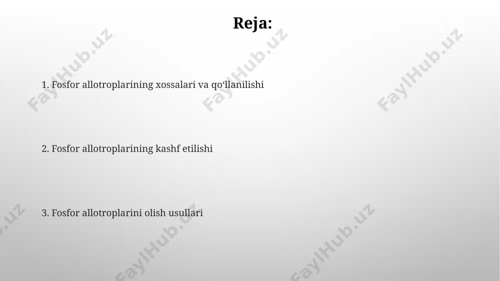 faolligi oq fosforga qaraganda ancha past bo'lib, u havoda 400°c dan yuqori haroratlarda sekin oksidlanadi. qizil fosforning qo'llanilishi qizil fosforning yuqori haroratga chidamliligi tufayli, u 1200°c dan yuqori haroratlarda ishlatiladigan maxsus materiallar, masalan, olovga chidamli qoplamalar va antifrikatsion qo'shimchalar ishlab chiqarishda qo'llaniladi. qizil fosforning kimyoviy faolligi pastligi tufayli, u 10-20 mikrometrli zarrachalar shaklida yuqori sifatli polimerlar va kompozit materiallar ishlab chiqarishda qo'llaniladi, bu ularning mexanik xususiyatlarini yaxshilaydi. qizil fosforning ishlab chiqarish usullari qizil fosforni ishlab chiqarishda oq fosforning 500-600°c haroratda inert muhitda, masalan, argon yoki azot ostida qizdirilishi qo‘llaniladi, bu jarayon bir necha soat davom etadi. ba'zi usullarda qizil fosforni olish uchun katalizatorlar, masalan, 0,1-1% miqdorida simob yoki yod qo‘llaniladi, bu jarayon samaradorligini oshiradi. qora fosforning ishlab chiqarish usullari qizil fosforni ishlab chiqarishda, oq fosforni 250-300°c haroratda inert muhitda, masalan, argon ostida, qizdirish orqali amalga oshiriladi, bu jarayon kristall tuzilishining o'zgarishi bilan birga keladi. moviy fosfor, oq fosforning fotokimyoviy oksidlanishi …