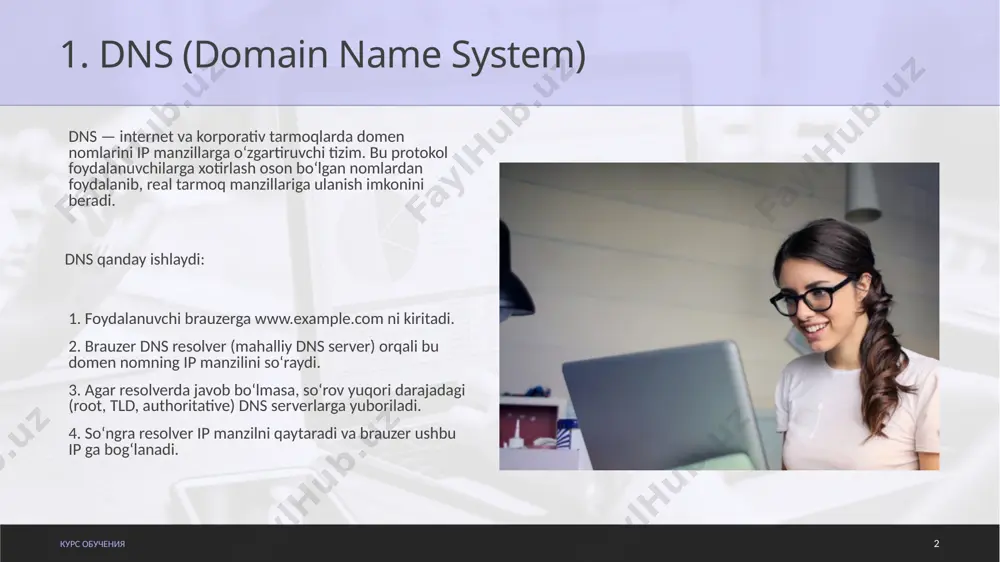 irish. snmp versiyalari: * snmpv1: oddiy, ammo xavfsizliksiz. * snmpv2: kengaytirilgan, ammo cheklangan xavfsizlik. * snmpv3: xavfsizlikni (shifrlash, autentifikatsiya) qo‘llab-quvvatlaydi. 5 5 snmp versiyalari: 6 6 dhcp курс обучения 7 7 dns va snmp ni birgalikda qo‘llash: dns va snmp ni birgalikda qo‘llash: tarmoqda dns orqali qurilmalarni nom bilan aniqlash, snmp orqali ularni boshqarish va monitoring qilish samarali boshqaruvni ta’minlaydi. masalan: * switch1.office.uz nomli qurilmaning ip manzilini dns orqali aniqlab, unga snmp orqali so‘rov yuborish mumkin. курс обучения 8 8 курс обучения 9 9 xulosa: * dns — tarmoq xizmatlariga qulay ulanishni ta’minlaydi. * snmp — tarmoqni masofadan monitoring qilish va muammolarga tezkor javob berish imkonini beradi. * har ikkala protokol, ayniqsa yirik va taqsimlangan infratuzilmalarda tarmoq ishonchliligini oshiradi. курс обучения 10 10 etiboringiz uchun rahmat 11 audio1.wav image1.jpg image2.jpg image3.jpg image4.jpg image5.jpg image6.jpg image7.jpg image8.jpg image9.jpg image10.jpg image11.jpg image12.jpg image13.jpg image14.jpg