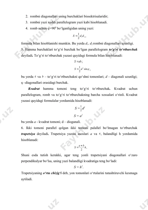 pifagor teoremasiga ko‘ra + =a2 bu holda quyidagi tenglamalar sistemasini hosil qilamiz: u holda javob: 0,1725. 3- misol. to‘g‘ri to‘rtburchak va kvadrat teng yuzaga ega, lekin to‘g‘ri to‘rtburchak diagonali kvadrat diagonalidan marta katta. to‘g‘ri to‘rtburchakni diogonallari kesishishida hosil qilingan o‘tkir burchakni aniqlang. yechish. d va , s va s ́ - mos ravishda to‘g‘ri to‘rtburchak va kvadratni diagonallari va yuzalari bo‘lsin. shartga ko‘ra d = d´; s = s´. lekin s = d2 sinφ, : s´ = d´2. bundan d2 sinφ = d´2, sinφ = ( )2 = . demak ( = 300. javob: 300. 4-misol. trapetsiyaning kichik asosi a va diagonallari o‘rtalari orasidagi masofa v ekanligini bilgan holda trapetsiyani katta asosini toping. yechish: m va n – trapetsiya diagonallari o‘rtalari bo‘lsin, u holda mn=v. mk kesmani o‘tkazamiz. bilamizki mk acd uchburchakni o‘rta chizig‘i. ma’lumki ad=2mk. nk – – bcd uchburchakni o‘rta chizigi, nk= . u holda ad = 2mk=2(mn+nk)= …