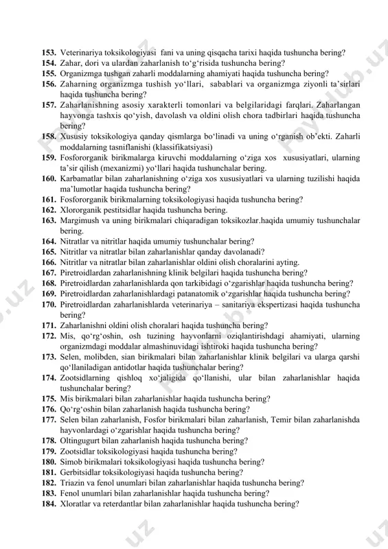 ligi haqida tushuncha bering? 140. qoramol piroplazmozi kasalligi haqida tushuncha bering? 141. qoramol fransaiellyozi va qoramol babeziozi kasalligi haqida tushuncha bering? 142. qoramol teyleriozi kasalligi haqida tushuncha bering? 143. hayvonlar eymeriozi (koksidiozlar) kasalligi haqida tushuncha bering? 144. quyon eymeriozi kasalligi haqida tushuncha bering? 145. tovuq eymeriozi kasalligi haqida tushuncha bering? 146. hayvonlarning psoroptozlari kasalligi haqida tushuncha bering? 147. hayvonlarning sarkoptozlari kasalligi haqida tushuncha bering? 148. hayvonlarning xorioptozlari kasalligi haqida tushuncha bering? 149. qoramol gipodermatozi kasalligi haqida tushuncha bering? 150. qo‘ylar estrozi kasalligi haqida tushuncha bering? 151. otlar gastrofilyozi kasalligi haqida tushuncha bering? 152. otlar rinestrozi kasalligi haqida tushuncha bering? veterinariya farmakologiyasi va toksikologiyasi fani bo‘yicha savollar 153. veterinariya toksikologiyasi fani va uning qisqacha tarixi haqida tushuncha bering? 154. zahar, dori va ulardan zaharlanish to‘g‘risida tushuncha bering? 155. organizmga tushgan zaharli moddalarning ahamiyati haqida tushuncha bering? 156. zaharning organizmga tushish yo‘llari, sabablari va organizmga ziyonli ta’sirlari haqida tushuncha bering? 157. zaharlanishning …