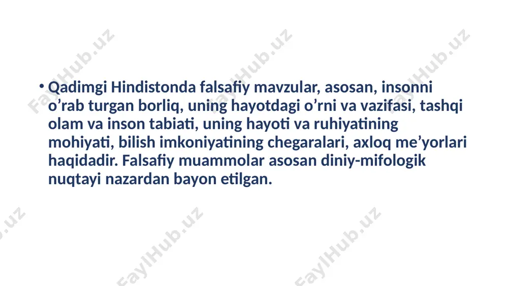 cha falsafiy qarashlar mahsulidir. «upanishadalar»dagi falsafiy mavzular, asosan, insonni o’rab turgan borliq, uning hayotdagi o’rni va vazifasi, tashqi olam va inson tabiati, uning hayoti va ruhiyatining mohiyati, bilish imkoniyatining chegaralari, axloq me’yorlari haqidadir. falsafiy muammolar asosan diniy-mifologik nuqtai nazardan bayon etilgan. qadimgi hind falsafiy maktablar ikki guruhga bo’linadi. hindistonlik faylasuflar bu guruhlarni astika va nastika deb ataydi. vedanta, sankxya, yoga, vaysheshika, n’yaya va mimansa — astika guruhiga kiruvchi falsafiy maktablar. ushbu maktablarning tarafdorlari «veda»ning muqaddasligini tan olib, birdan-bir haqiqat undagina ifodalangan, deyishadi. chorvaka-lokayata, buddizm va jaynizm — nastika guruhiga kiradi. chorvaka-lokayata tarafdorlari materialistik ta’limotni ilgari surganlari uchun «veda»ning muqaddasligini tan olishmaydi hamda olam ilohiy kuch tomonidan yaratilmagan, «veda» haqiqiy bilim bermaydi, deb ta’kidlashadi. buddizm va jaynizm diniy-falsafiy maktablar bo’lishiga qaramay, ular ham «veda»ning muqaddasligini tan olmagan. sankxya qadimgi hindistondagi dualistik falsafiy maktab bo’lib, olam asosida moddiy unsur (prakriti) modda va ruh (purusha) yotadi, deb hisoblaydi. bu yo’nalishga, asosan, olamdagi barcha …