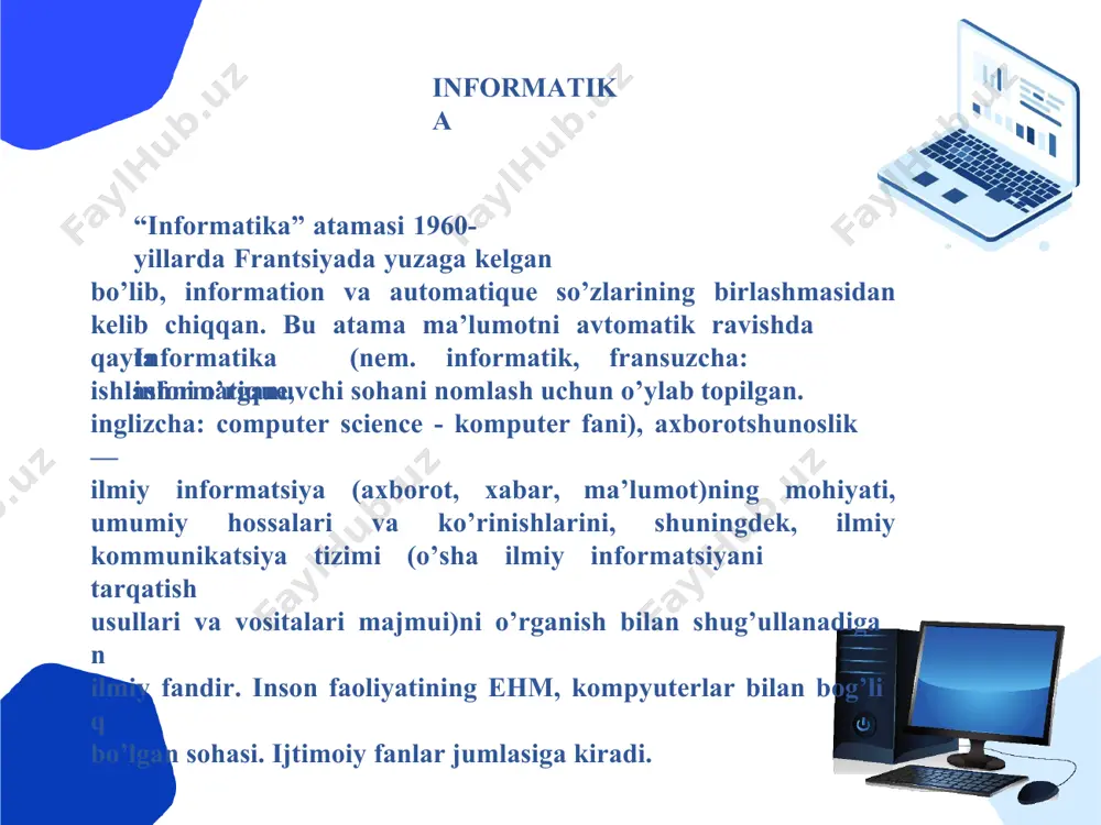 achilar mexnatini avtomatlashtirishuchun muljallangan tashkiliyboshqaruvdaaxborot tizimlari-shaxslarfunktsiyalarini avtomatlashtirishuchun muljallangan. texnologikjarayonlarniboshqarishda axborottizimiturlitexnologikjarayonlarni avtomatlashtirishuchunmuljallangan (moslashuvchanishlabchiqarish jarayonlari, metallurgiya, energetikava hokazolar). shаxsiy kompyuterlаr 1973yildanboshlabehmtarixiningyangisahifasi,shaxsiykompьyuterlarsahifasiboshlandi. shuyildafransiyadagitruongtrongtifirmasitomonidanbirinchishaxsiykompьyuteryaratildi. shubilanbirga1973yildadunyogataniklixeroxfirmasitomonidan altonomlishaxsiy kompьyuter yaratilgan. ushbu kompьyuterda birinchi boʼlib fayllar va dasturlarni oynalar koʼrinishdaochishamaliyotdaqoʼllabkoʼrilgan. 1977yildaapplecomputerfirmasitomonidanapple-iinomlishaxsiykompьyuterlarommaviy ravishdachiqarilaboshlangan.ushbukompьyuterlarplastmassakorpus,klaviaturavadispleygaega bulgan. 1980yildaosbornecomputerfirmasibirinchi portativkompьyuterlarni chiqaraboshladi. ushbukompʼterningogirligi11kg,judakichkinahajmgaegaboʼlganvanarxiatiga1795dollar boʼlgan. 1981 yildan boshlab ibm (international business machines) firmasi tomonidan personal kompьyuterlar seriyalab chiqarila boshlandi va butun dunyoga sotila boshlandi. shundan beri kompьyuter xayotimizda mustaxkam joylashib, axborotni qayta ishlashning eng zamonaviy vositasigaaylandivabutundunyogataniqliboʼldi. kompyuter vа ulаrning turlаri kompyuter (ingl. computer – hisoblagich) – elektron shaklga ega turli maʼlumotlarniqabulqilish,yigʼish,saqlash,ulargaishlovberish,axborotuzatish, hisoblashkabiimkoniyatlargaegaboʼlganqurilma. mini kompyuterlar portativ kompyuterlar shaxsiy kompyuterlar server kompyuterlar super kompyuterlar ehm (elektron hisoblash mashinasi) - oldindan berilgan dastur (programma) boʼyicha ishlaydigan avtomatik qurilma. elektron hisoblash mashinasi(ehm)bilankompьyuterbirxildagiatama.birok,kompьyuter hisoblashishlarinibajarishdantashqariuningfunksiyasianchakoʼpdir. image1.png image2.