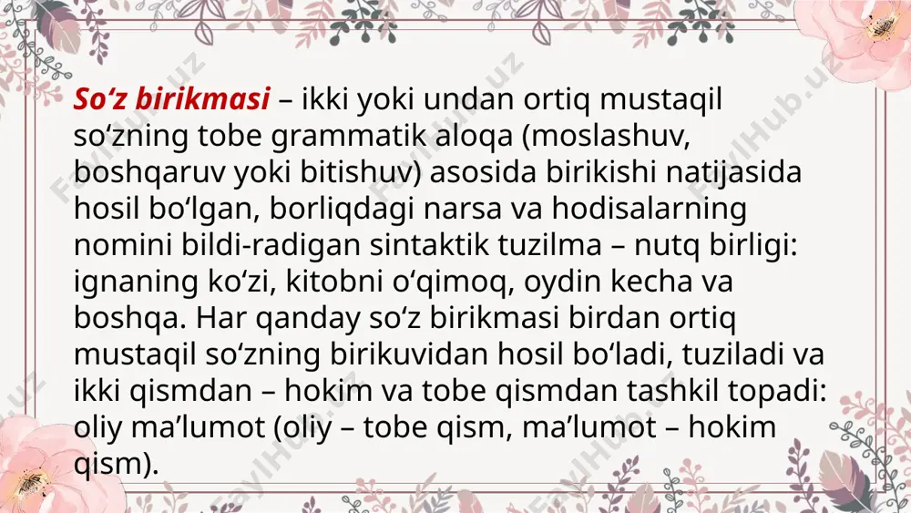 irikmasi bir-birini to’ldiruvchi so’zlar orqali quriladi, qo’shma so’z esa yangi so’z sifatida hosil bo’ladi va ko’pincha tasodifiy o’zgaradi 3. izohlanish va o’zgartirish: so’z birikmalarida so’zlar alohida-alohida o’zgarishi mumkin, qo’shma so’zlarda esa o’zgarishlar kamroq yoki umuman bo’lmaydi. so’z birikmasi va ibora. 1. ma’no. so’z birikmasi— har bir so’zning ma’nosi birikmada o’zgarishsiz qoladi. ( m: “qizil kitob”— qizil va kitob o’z ma’nolarini saqlaydi) ibora— ba’zan so’zlarning birikmasi boshqa ma’no beradi ( m: “qora kun” — yomon kunni anglatadi, kunning qoraligini emas). 2. ishlatilishi . so’z birikmasi— oddiy, aniq narsani tasvirlash uchun ishlatiladi. ibora— o’ziga xos, aniq va o’zgaruvchan ma’no berishda ishlatiladi. undagi so’zlar birgalikda ma’lum bir tasavvur yaratadi. 3. tuzilishdagi murakkablik. so’z birikmasi— oddiy tuzilishga ega. ibora— ko’proq murakkab bo’lib, ma’nosi faqat kontekstdan tushuniladi so’z birikmasi va gap. gap— bu to’liq fikrni ifoda etuvchi sintaktik butunlik hisoblanadi, so’z birikmasi esa ma’lum bir tushuncha anglatuvchi sintaktik birlikdir. belgilar tuzilishi ma'nosi so'z birikmasi gap …