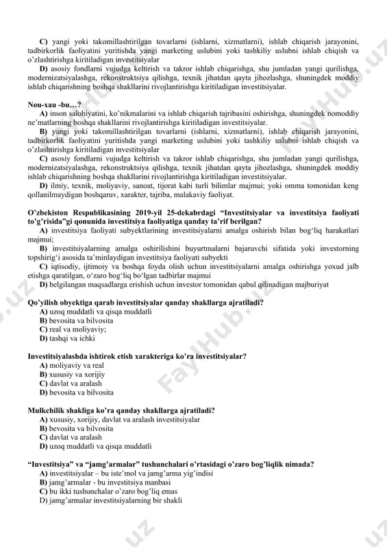diy ne’matlarning boshqa shakllarini rivojlantirishga kiritiladigan investitsiyalar. d) ilmiy, texnik, moliyaviy, sanoat, tijorat kabi turli bilimlar majmui; yoki omma tomonidan keng qollanilmaydigan boshqaruv, xarakter, tajriba, malakaviy faoliyat. innovatsion investitsiyalar -bu…? a) ilmiy, texnik, moliyaviy, sanoat, tijorat kabi turli bilimlar majmui; yoki omma tomonidan keng qollanilmaydigan boshqaruv, xarakter, tajriba, malakaviy faoliyat. b) yangi yoki takomillashtirilgan tovarlarni (ishlarni, xizmatlarni), ishlab chiqarish jarayonini, tadbirkorlik faoliyatini yuritishda yangi marketing uslubini yoki tashkiliy uslubni ishlab chiqish va o’zlashtirishga kiritiladigan investitsiyalar c) inson salohiyatini, ko’nikmalarini va ishlab chiqarish tajribasini oshirishga, shuningdek nomoddiy ne’matlarning boshqa shakllarini rivojlantirishga kiritiladigan investitsiyalar. d) asosiy fondlarni vujudga keltirish va takror ishlab chiqarishga, shu jumladan yangi qurilishga, modernizatsiyalashga, rekonstruktsiya qilishga, texnik jihatdan qayta jihozlashga, shuningdek moddiy ishlab chiqarishning boshqa shakllarini rivojlantirishga kiritiladigan investitsiyalar. ijtimoiy investitsiyalar -bu…? a) inson salohiyatini, ko’nikmalarini va ishlab chiqarish tajribasini oshirishga, shuningdek nomoddiy ne’matlarning boshqa shakllarini rivojlantirishga kiritiladigan investitsiyalar. b) ilmiy, texnik, moliyaviy, sanoat, tijorat kabi turli bilimlar …