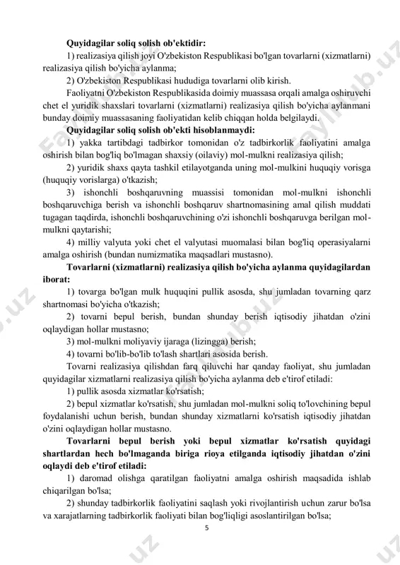 gan qiymat solig'ini to'lovchilar deb e'tirof etiladi. qo'shilgan qiymat solig'i bo'yicha soliq majburiyatlari ushbu bo'limda belgilangan hollarda va tartibda soliq agentlari tomonidan bajariladi. quyidagilar soliq to'lovchilar deb hisoblanmaydi, bundan ushbu moddaning birinchi qismi 6-bandida nazarda tutilgan hollar mustasno: 1) davlat hokimiyati va boshqaruvi organlari – o'z zimmasiga yuklatilgan vazifalarni bajarish doirasida; 2) aylanmadan olinadigan soliqni to'lovchi shaxslar. soliq to'lovchilar o'zbekiston respublikasi vazirlar mahkamasi tomonidan belgilangan tartibda soliq organlarida qo'shilgan qiymat solig'ini (bundan buyon ushbu bo'limda soliq deb yuritiladi) to'lovchi sifatida maxsus ro'yxatdan o'tkazish hisobida turadi. 5 quyidagilar soliq solish ob'ektidir: 1) realizasiya qilish joyi o'zbekiston respublikasi bo'lgan tovarlarni (xizmatlarni) realizasiya qilish bo'yicha aylanma; 2) o'zbekiston respublikasi hududiga tovarlarni olib kirish. faoliyatni o'zbekiston respublikasida doimiy muassasa orqali amalga oshiruvchi chet el yuridik shaxslari tovarlarni (xizmatlarni) realizasiya qilish bo'yicha aylanmani bunday doimiy muassasaning faoliyatidan kelib chiqqan holda belgilaydi. quyidagilar soliq solish ob'ekti hisoblanmaydi: 1) yakka tartibdagi tadbirkor tomonidan o'z tadbirkorlik faoliyatini amalga …