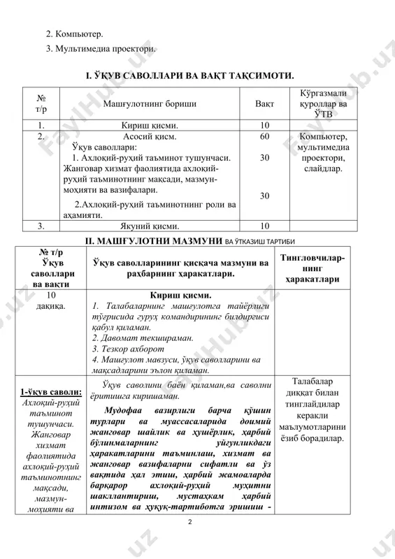 зиш тартиби № т/р ўқув саволлари ва вақти ўқув саволларининг қисқача мазмуни ва раҳбарнинг ҳаракатлари. тингловчилар-нинг ҳаракатлари 10 дақиқа. кириш қисми. 1. талабаларнинг машғулотга тайёрлиги тўғрисида гуруҳ командирининг билдиргиси қабул қиламан. 2. давомат текшираман. 3. тезкор ахборот 4. машғулот мавзуси, ўқув саволларини ва мақсадларини эълон қиламан. 1-ўқув саволи: ахлоқий-руҳий таъминот тушунчаси. жанговар хизмат фаолиятида ахлоқий-руҳий таъминотнинг мақсади, мазмун-моҳияти ва вазифалари - 30 дақиқа. ўқув саволини баён қиламан,ва саволни ёритишга киришаман. мудофаа вазирлиги барча қўшин турлари ва муассасаларида доимий жанговар шайлик ва ҳушёрлик, ҳарбий бўлинмаларнинг уйғунликдаги ҳаракатларини таъминлаш, хизмат ва жанговар вазифаларни сифатли ва ўз вақтида ҳал этиш, ҳарбий жамоаларда барқарор ахлоқий-руҳий муҳитни шакллантириш, мустаҳкам ҳарбий интизом ва ҳуқуқ-тартиботга эришиш - ахлоқий-руҳий таъминотнинг устувор вазифаси деб белгиланган. мудофаа вазирининг 2014 йил 1 июлдаги 454-сонли буйруғи билан амалга киритилган «умумқўшин жангида (махсус қўшинлар ҳаракати) ахлоқий-руҳий таъминотни ташкиллаштириш бўйича вақтинча қўлланма»; мудофаа вазирининг 2014 йил 19 мартдаги 184-сонли буйруғи билан амалга киритилган «қўшинларнинг …