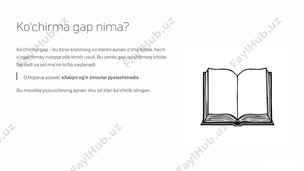 undaydi. o'zlashtirma gap rasmiy, ilmiy va oddiy nutqda keng tarqalgan. aniq va qisqacha ifoda berish, matn hajmini kamaytirish uchun ishlatiladi. 8 hayotiy misollar bilan taqqoslash ko'chirma gap nasiba dedi: "sovuqdan oyoqlarim zirqirab og'riyapti" o'zlashtirma gap nasiba sovuqdan oyoqlari zirqirab og'riyotganini aytdi bu misolda ko'chirma gap shaxsning his-tuyg'ularini to'liq etkazsa, o'zlashtirma gap esa qisqacha ma'lumot beradi. 9 xulosa tilimizning boyligi ko'chirma gaplar nutqimizga jonlilik va ta'sirchanlik beradi o'zlashtirma gaplar aniq va tushunarli ifodani ta'minlaydi ikkalasi ham ona tilimizning boy ifoda vositalari ko'chirma va o'zlashtirma gaplarni to'g'ri ishlatish orqali nutqimizni yanada boy va ta'sirli qila olamiz. bu ikki usul tilimizning grammatik tuzilishini chuqur tushunishga yordam beradi. 10 image1.png image2.png image3.png image4.png image5.png image6.png image7.png image8.png image9.png image10.png image11.png image12.png image13.png image14.png image15.png image16.png image17.png image18.png image19.png image20.png