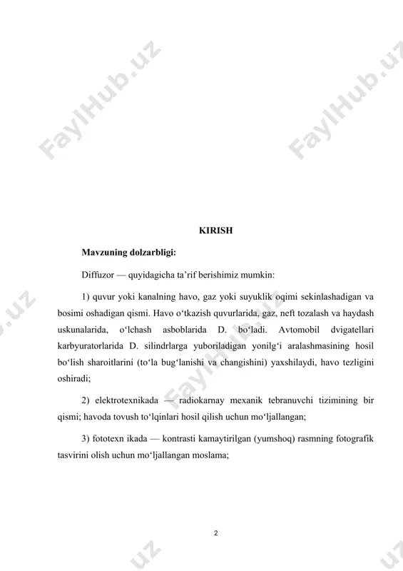 ma'lumotlarning ahamiyatini o’rganish metodikasining maqsadi, metodi, vositasi, mazmuni va shakli. kurs ishining vazifalari: 1. diffuzorli varaqlarni loyihalash haqida tushunchalar; 2. diffuzor (avtomobil) haqida tushunchalar; 3. ishlash (orqa diffuzor) haqida tushunchalar; 4. ko'p qavatli diffuzerlar haqida tushunchalar. kurs ishining tuzilishi: kurs ishi kirish, 2 bob (4 ta paragraph), xulosa, foydalanilgan adabiyotlar ro’yxati va ilovalardan iborat. i bob. diffuzorli varaqlarni loyihalash 1.1. diffuzorli varaqlarni loyihalash haqida tushunchalar diffuser bilan qaysi sochlarini fen mashinasini tanlash kerak diffuser - bu tez uslublar uchun oddiy va qulay moslama. ammo hamma ayollar ham ulardan foydalanishmaydi, chunki ular qanday qilib to'g'ri birini tanlashni bilishmaydi. diffuzerlarning turlari va ularning maqsadi. diffuzer - yumaloq ishlaydigan yuzasi va tishlari bo'lgan nozul ("barmoqlar"). tishlarning tagida havo kiradigan teshiklar mavjud. ushbu dizayn tufayli nozul sochni qizib ketmaydi va bosh terisiga massaj ta'sirini ko'rsatadi. fen ishlab chiqaruvchilari qo'shimchalarni turli xil variantlarda taqdim etadilar. ular farq qiladi: -diametri bo'yicha. keng bo'lganlar qisqa vaqt ichida …