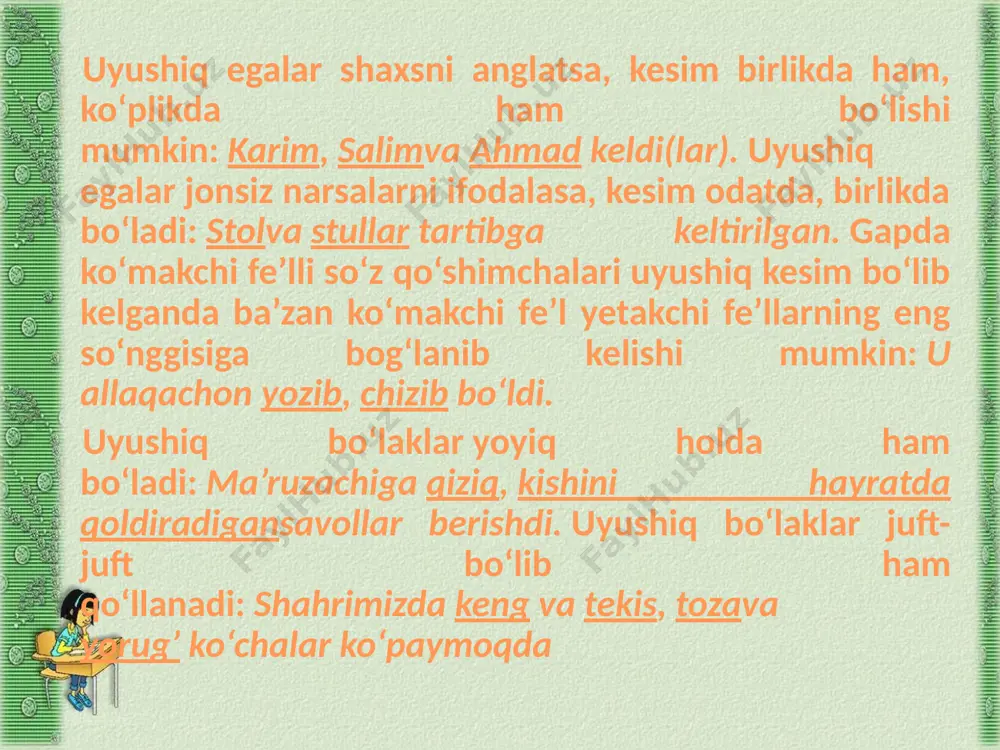 undan keyin ikki nuqta qo'yiladi: qudraming oldidan ikki o'rtog'i: llhom va rustam chiqib keldi. umumlashtiruvchi bo'iak uyushiq bo'laklardan keyin kelsa, undan oldin tire qo'yiladi: akam, opam, singlim - barchamiz aziz onajonimizni tabrikladik. bir gap tarkibida bir turdagi bo'laklar birdan ortiq holda kelishi mumkin: yo 'ida ba 'zan katta-katta maydonni qoplab olgan oq, pushti, sariq va qizil gullar uchraydi. (yo.sh.) ular daryo bo'yidagi toshlardan, har xil giyohlardan namunalar olishdi. (h.n.) birinchi gapda aniqlovchi (oq, pushti, sariq, qizil), ikkinchi gapda to'ldiruvchi (toshlardan, giyohlardan) o'zaro teng aloqada ketma-ket kelgan. gapda bir xil sintaktik vazifa bajarib, bir xil so'roqqa javob bo'luvchi, o'zaro teng aloqada, boshqa bo'laklar bilan esa tobe aloqada bo'lgan bo'laklar uyushiq bo'laklar deyiladi. ular o'zaro teng bog'lovchilar yoki tenglanish ohangi orqali birikadi. uyushiq bo'laklar bir-biridan pauza bilan ajralib, sanash ohangi bilan aytiladi. har bir uyushiq bo'lakning o'z ayrim urg'usi bo'ladi. gapning kesimi va egasi ham, ikkinchi darajali ho'iaklari ham uyushib kelishi mumkin. …