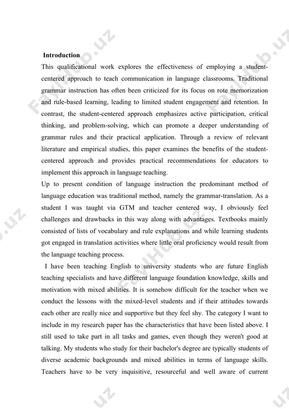 the real situation for good communication in the target language. with the aid of examples descriptions, i used to concentrate on teaching expected amount of vocabulary even in context, but i now realized that competences should not be or should not be established in isolation or separated manner, vice-verse language is also a social occurrence that should be taught in relation to real world situations and conditions. actuality of the research work: the actuality of the research paper is providing suggestions on effective applications of student centered approach in developing high school learners’ communication skills in uzbekistan higher educational institutions. object of the work is the process of introducing role and relevance of student centered approach in developing high school learners’ communication skills in the higher educational institutions. subject of the research: implementation of student centered approach in developing high school learners’ communication skills to facilitate communicative competence. aim of …