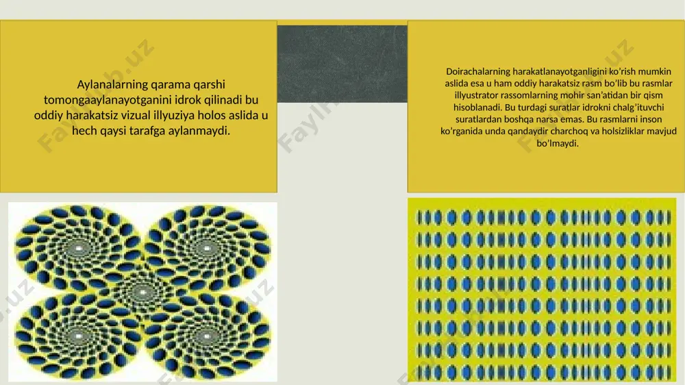 atsiya turlariga quyidagilar kiradi. eshitish(akoazmalar), ko’rish(vizuval), noxush hid bilish (inperativ), turli noxush hislar tuyish(senestopatiya) va eng yomoni buyruq inperativ(buyruq beruvchi) gallyusinatsiyalar turlariga bo’linadi. 6 o’n bitta geshtalt psixologiyasining asosiy g'oyasi. ta'riflar va tushunchalar. shakl-fon munosabatlari gestalt psixologiyasi yondashuvining asosiy printsipi shundan iboratki, qismlarni tahlil qilish butunni tushunishni ta'minlay olmaydi, chunki butunlik qismlarning o'zaro ta'siri bilan belgilanadi. gestaltdan ajratilgan qismlar o'zlarining o'ziga xos joyida va umuman o'ziga xos funktsiyalari bilan bir xil bo'lib qolmaydi. (ikki nuqta bilan tajriba). tadqiqot sohasi bo'yicha guruhlangan asosiy tushunchalar: idrok: idrok birligi sifatida yaxlit tasvir (idrok), figura-fon (yaqinlik, yopiq kontur, o'xshashlik, simmetriya). fikrlash: vaziyatga kirish, tushunish, funktsional yechim. gestalt psixologiyasining asosiy namoyandalari m. vertgeymer, v. kyoler va k. koffka, k. levin kabilar strukturalizmga qarshi fanni yaratdilar. geshtalt psixologiyasining predmeti ong bo‘lib, uni tushunish yaxlitlik tamoyiliga asoslanishi kerak; · ong - bu dinamik yaxlitlik, bu erda hamma narsa bir-biri bilan o'zaro ta'sir qiladi; ongni tahlil qilish birligi …