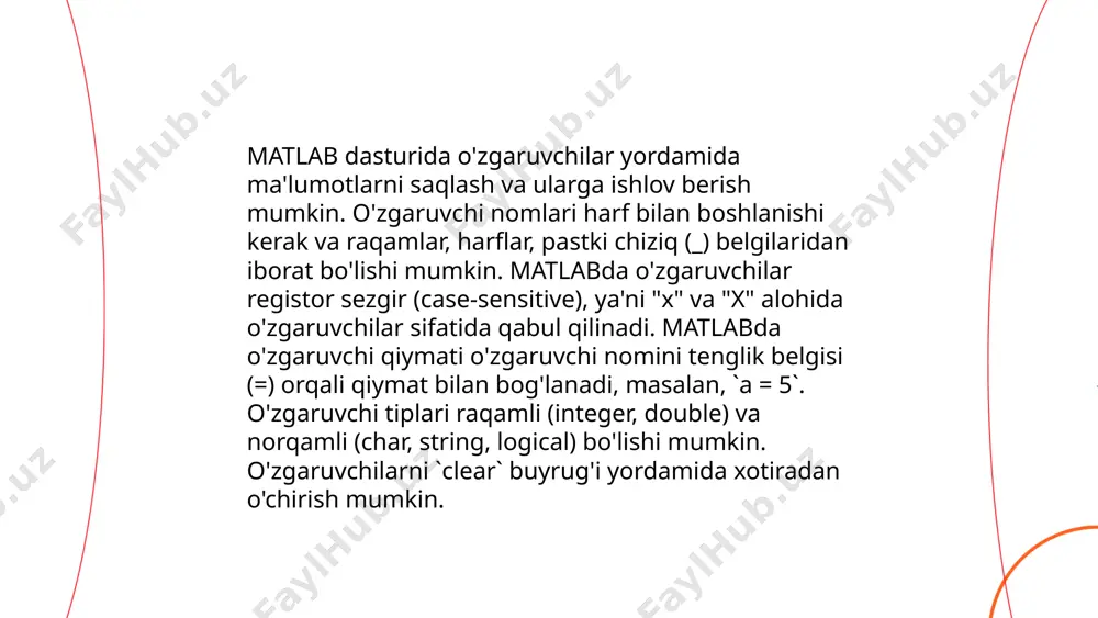 rat tizimlari, raqamli signalni ishlash, va avtomatsizatsiya sohalarida keng qo'llaniladi. matlab bilan to'liq integratsiyalangan holda, foydalanuvchilar matematik tahlil va grafik imkoniyatlaridan foydalanishlari mumkin. yetkazilgan kutubxonalar va vositalar murakkab matematika va fizika modellarini ishlab chiqishni soddalashtiradi. simulink interfeysi orqali foydalanuvchi aniq matematika masalalarini yechishni optimallashtirishi va turli simulyatsiya variantlari orqali loyihalarni takomillashtirishi mumkin. ... t.me/slaydai_bot 10. matlabda ma'lumotlar tahlili matlab dasturi ma'lumotlar tahlili uchun keng qo'llaniladigan vositalardan biridir. unda ma'lumotlarni yuklash, tozalash, tasvirlash va modellashtirish imkoniyatlari mavjud. matlab ma'lumotlar tahlilida ko'plab funksiyalar va kutubxonalarni taqdim etadi, masalan, statistik tahlil uchun statistics and machine learning toolbox, tasvirlash va vizualizatsiya uchun plot va chart funksiyalari. ma'lumotlarni csv, excel yoki matnli fayllardan import qilish mumkin. ma'lumotlarni tozalashda nan qiymatlarini aniqlash va o'chirish, filtrlar qo'llash, normalizatsiya kabi amallarni bajarish qulay. matlabda dasturlash orqali ma'lumotlar tahlilini avtomatlashtirish ham mumkin. ... t.me/slaydai_bot matlabda fayllar bilan ishlash - bu ma'lumotlarni yuklash, saqlash va tahlil qilish uchun muhim jarayondir. …