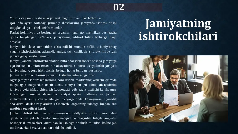 htirokchilari ulushlarining nominal qiymatidan iborat bo‘ladi. jamiyat ishtirokchisining jamiyat ustav fondidagi (ustav kapitalidagi) ulushining miqdori foizlarda yoki kasr ko‘rinishida belgilanadi. jamiyat ishtirokchisi ulushining miqdori uning ulushi nominal qiymati bilan jamiyat ustav fondining (ustav kapitalining) nisbatiga teng bo‘lishi kerak. jamiyatning ustavi bilan jamiyat ishtirokchisi ulushining eng yuqori miqdori, shuningdek jamiyat ishtirokchilari ulushlarining nisbatini o‘zgartirish imkoniyati cheklab qo‘yilishi mumkin. bunday cheklashlar jamiyatning ayrim ishtirokchilariga nisbatan belgilanishi mumkin emas. ko‘rsatib o‘tilgan qoidalar jamiyat ta’sis etilayotganda uning ustavida nazarda tutilishi, shuningdek jamiyat ishtirokchilari umumiy yig‘ilishining jamiyat barcha ishtirokchilari tomonidan bir ovozdan qabul qilinadigan qaroriga binoan jamiyatning ustaviga kiritilishi, o‘zgartirilishi va undan chiqarib tashlanishi mumkin. jamiyat ustav fondiga (ustav kapitaliga) qo‘shiladigan hissalar pul, qimmatli qog‘ozlar, o‘zga ashyolar yoki mulkiy huquqlar yoxud pul bahosiga ega bo‘lgan boshqa shaxsga o‘tkaziladigan o‘zga huquqlar jamiyatning ustav fondiga (ustav kapitaliga) qo‘shiladigan hissalar bo‘lishi mumkin. ustav fondiga (ustav kapitaliga) hissa sifatida jamiyatga foydalanish uchun berilgan mol-mulkning muddat o‘tgunga qadar ushbu mol-mulkdan …