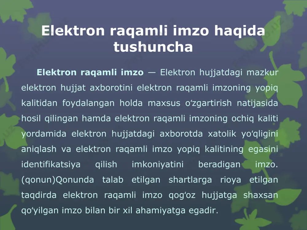 uteringizda jre ilovasi mavjud bo’lmasa, uni ushbu havola orqali yuklab olishingiz mumkin https://java.com/ru/download/. 3-rasm. masofadan turib hujatlarni imzolash elektron murojaatni elektron raqamli imzo orqali imzolash tartibi 1. «imzo chekish» tugmasi bosilganida dialogli oyna ochiladi, bunda tegishli eri tanlanishi lozim. 2. imzolash muvaffaqiyatli yakunlangan taqdirda ekranda «shakl muvaffaqiyatli imzolandi» oynasi paydo bo’ladi. keyin «yuborish» tugmasini bosing. xulosa yuqoridagilardan xulosa qiladigan bo`lsak elektron raqamli imzo tizimi o‘zbekiston va ko`plab rivojlangan davlatlarda shaxsni audintifikatsiya(shaxsni tasdiqlash) maqsadida keng qo`lanilayotgan va yetarlicha samara beryotgan tizimlardan biridir. elektron raqamli imzo — elektron hujjatdagi mazkur elektron hujjat axborotini elektron raqamli imzoning yopiq kalitidan foydalangan holda maxsus o‘zgartirish natijasida hosil qilingan hamda elektron raqamli imzoning ochiq kaliti yordamida elektron hujjatdagi axborotda xatolik yo‘qligini aniqlash va elektron raqamli imzo yopiq kalitining egasini identifikatsiya qilish imkoniyatini beradigan imz. foydalanilgan adabiyotlar o‘zbekiston respublikasining 2003 yil 11 dekabrdagi 562-ii-sonli «elektron rakamli imzo to‘g‘risida» qonuni o‘zbekiston respublikasining 2017 yil 11 sentyabrdagi o‘rq-445-sonli “jismoniy …