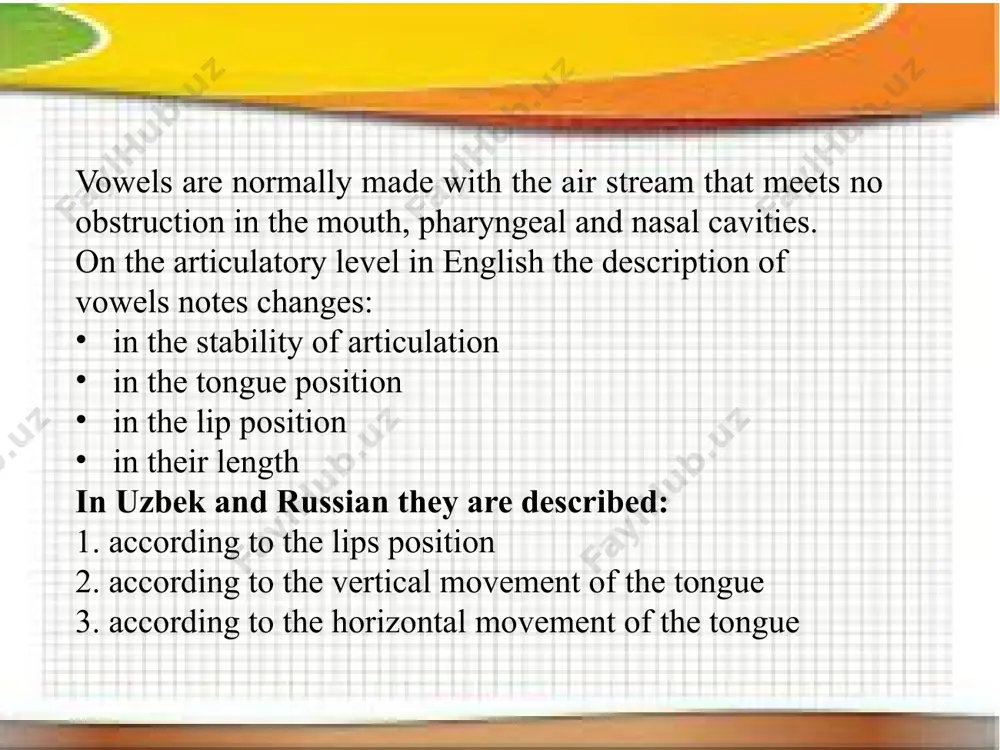 the highest part of the tongue occupies the position intermediate between the close and the open one mid vowels are pronounced only in english. they are – [e λ ə: ə]. narrow mid broad uzbek [и, у] [э, o, ў] [a] russian [и], [ы], [у] [э], [о] [а] according to the vertical position of the tongue in uzbek and russian vowels are divided into narrow, mid and broad: lip position when the lips are neutral or spread the vowels are called unrounded. they are – [i:], [i], [e], [ǽ], [a:], [λ], [ə:], [ə]in english. in uzbek they are – [и], [э], [a], in russian [а], [э], [и], [ы]. when the lips are drawn together so that the opening between them is more or less round the vowel is called rounded. they are – [o o: u u:].in uzbek[у], [ў], [o]. inrussian [о], [у]. according to the length, english vowels are …