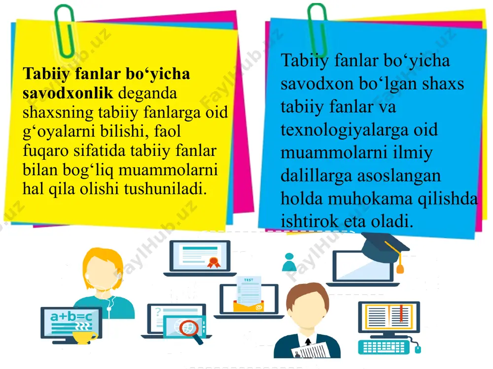 gan boshqa qarashlardan farqlay olish; turli manbalar (masalan, gazeta, jurnal, internet)dan olingan ilmiy mulohaza va dalillarni baholash. tabiiy-ilmiy savodxonlik kompetensiyalari ilmiy tadqiqotlarni loyihalash va baholash ma’lumotlar va dalillarni ilmiy talqin qilish kompetensiya bilim – sistema fizik biologik yer va fazo kontekst savol formati kognitiv daraja pisa topshiriqlari - tadqiqotning baholash vositasi topshiriqning har bir savoli quyidagi toifalar bo‘yicha tasniflanadi: mazmun sohasi fizik sistemalar tirik sistemalar yer va fazo sistemalari o‘qish savodxonligi maqsadi axborot olish va undan foydalanish badiiy tajriba orttirish 10 matnni o‘qib-tushunish jarayoni diqqatni jamlash va aniq ko‘rsatilgan ma’lumotni topish to‘g‘ridan to‘g‘ri xulosalar chiqarish g‘oyalar va axborotni talqin qilish hamda uyg‘unlashtirish kontent va matn elementlarini baholash va tanqid qilish image1.jpeg image2.png image3.png image4.png image5.jpeg image6.jpeg image7.png image8.jpeg /docprops/thumbnail.jpeg