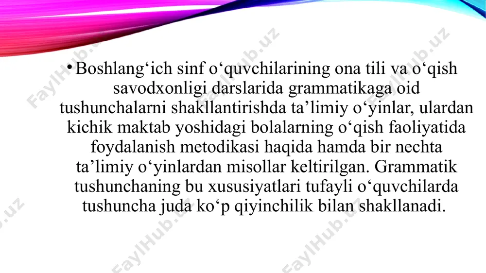dikasida o‘zbek tili tovushlar va harflar tizimining o‘ziga xos xususiyatlarini hisobga olish talab etiladi. savod o‘rgatish jarayonidagi o‘qish darslarining asosiy vazifasi o‘quvchilarga tovush va harfni tanishtirish, ularning to‘g‘ri talaffuzini o‘rgatish orqali bolalarda to‘g‘ri, ongli, ifodali o‘qish ko‘nikmalarini shakllantirishdan iborat. shuningdek, o‘quvchilar lug‘atini boyitish, bog‘lanishli nutqini o‘stirish, bilimini boyitish, tafakkurini shakllantirish, eshitish, qabul qilish sezgisini o‘stirishda ham bu davr mas’uliyatliligi bilan alohida o‘rin tutadi tayyorgarlik davri o‘qishga o‘rgatish uchun zamin hozirlaydi. bu davrda bolalarda o‘zgalar nutqini eshitish, diqqatni to‘plash, til birliklarini (tovush, bo‘g‘in, so‘z, gap) farqlash, ajratish, ularning vazifalarini anglash kabi xususiyatlar shakllantiriladi. bular o‘quvchilarning o‘qishni muvaffaqiyatli egallashlariga yordam beradi. savodga tayyorlash bo‘yicha o‘tkaziladigan mashg‘ulotlarda savodga o‘rgatish ikki davrga ajratiladi. tayyorgarlik davri 2. asosiy davr (savodga tayyorlash) tayyorlov guruhlarida yil davomida o‘tkaziladigan mashg‘ulotlar bolalar yoshiga mos bo‘lishi va ketma—ketlikda olib borilishi kerak. e’tiboringiz uchun tashakkur! image2.png image3.png image4.png image5.png image6.jpeg image7.png image8.png image1.png
