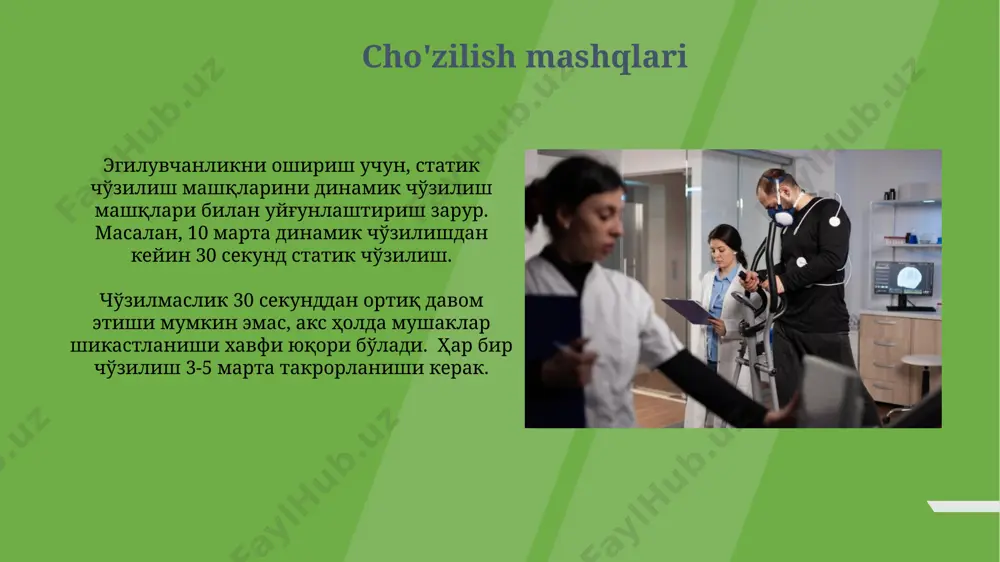 lari xavfini 30% gacha kamaytirishi mumkin, bu esa jismoniy mashqlar samaradorligini oshiradi va jarohatlardan himoya qiladi. muvozanatni saqlash mashqlari muvozanatni saqlash mashqlarini haftasiga kamida 3 marta, 15-20 daqiqadan bajarish muvozanatni yaxshilaydi va yiqilishlar xavfini kamaytiradi. turli yuzalarda (tekis, notekis) muvozanat mashqlarini bajarish orqali vestibulyar apparat faoliyatini 20% gacha yaxshilashingiz mumkin. jismoniy mashqlarning asosiy turlari kuch mashqlari 1-3 ta to'plamdan 8-12 takrorlash bilan bajarilishi tavsiya etiladi, bu esa mushaklarning kuchini va chidamliligini oshirishga yordam beradi; to'g'ri texnikaga rioya qilish juda muhim. aerobik mashqlar yurak-qon tomir tizimini yaxshilaydi, va tana vaznini nazorat qilishga yordam beradi, haftada kamida 5 kun, 30-60 daqiqalik mashg'ulotlar tavsiya etiladi, intensivlik darajasi individual ravishda tanlanadi. tibbiy bo'lmagan mutaxassislar uchun jismoniy mashqlarning ahamiyati jismoniy faollik miya faoliyatini yaxshilaydi, konsentratsiya va xotirani 20% ga oshirib, ish unumdorligini sezilarli darajada yaxshilaydi. stress darajasini pasaytiradi. to'g'ri tanlangan jismoniy mashqlar mushaklarning kuchini va chidamliligini oshirib, metabolizmni tezlashtiradi va semptomatik kasalliklar xavfini kamaytiradi. kuch …