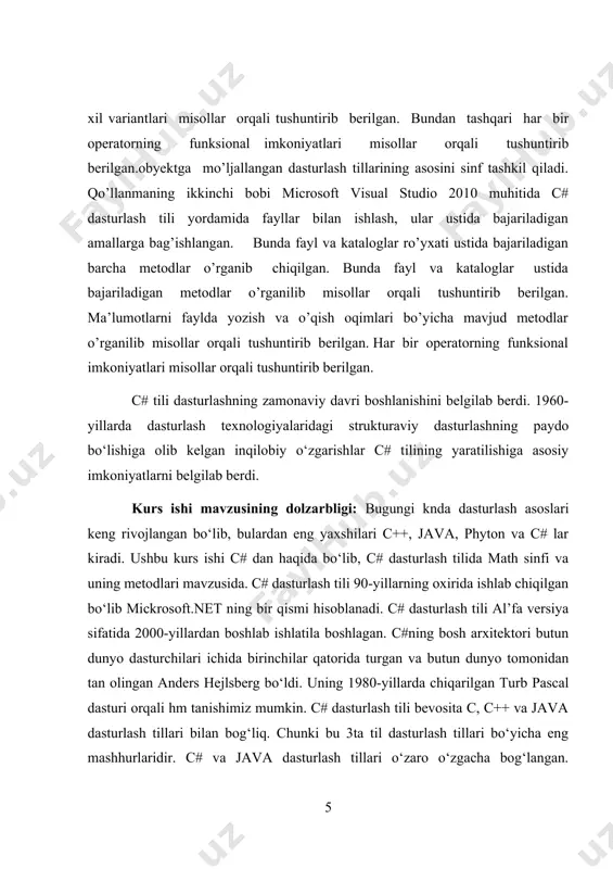 5.0 and the .net 4.5 framework sixth edition 2012 apress; herbert schildt. the complete reference c#4.0 mcgrow-hill 2011 kabi adabiyotlardan foydalanmoqchiman. bu kitoblarda c# dasturlash tiliga oid juda ko‘plab ma’lumotlar berilgan. men bu kurs ishimni yozishim uchun bu kitoblardan sinflar, metodlar, math sinfi va uning metodlari bilan ishlash haqidagi ma’lumotlarni oldim. kurs ishining nazariy va amaliy ahamiati: har qanday ma’lumot olayotganda ham avval nazariy qismini o‘rganib so‘ngra amaliyda uni o‘zimiz qo‘llab ko‘rmasak o‘rgangan nazaryamiz bizga hech qanday foyda bermaydi. shunigdek dasturlashda ham c#ni o‘rganayotganimizda uni albatta amalda sinab ko‘rib o‘rganishimiz kerak. amalda sinab ko‘rish uchun esa nazaryani bilishimiz kerak nazariya va amaliyot bir biriga uzviy bog‘liq.agar biz har ikkisini ham yaxshi o‘rgansak biz uchun c# dasturlarida ishlash umuman qiyinchilik tug‘dirmaydi. kurs ishi tuzilmasining tavsifi: ushbu kurs ishi kirish, asosiy qism, xulosa va foydalanilgan adabiyotlardan iborat. i.bob. indeksatorlar haqida umumiy ma’lumot va uning xossalari. 1.1§. indeksator haqida umumiy ma’lumot. indeksator uchun …