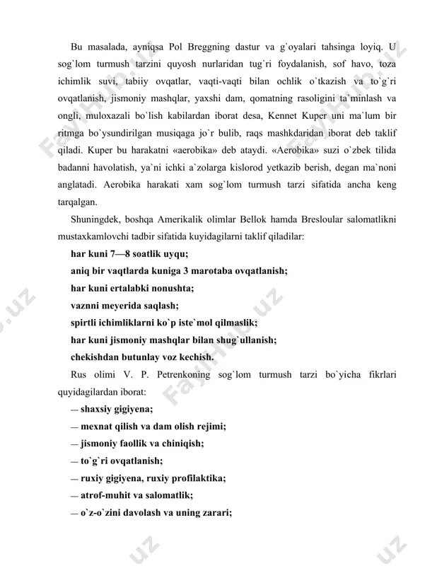 `lom turmush tarzi bo`yicha ish olib borayotgan rasmiy tashkilotlarning dasturlarini kurib chiqamiz. xalqaro ekspert djun sandersning keltirishi buyicha, jahon soglikni saqlash tashkiloti sog`lom turmush tarzining yo`nalishlarini kuyidagicha belgilagan: · ovqatlanish; · kashandalikka chek qo`yish; · faol turmush tarzi; · ruxiy salomatlik; · toza suv; · atmosferaning ifloslanmasligi; · samarali sanitariya; · shaxsiy sanitariya; · ovqatni gigiyenik tayyorlash; · sariq kasalligining oldini olish; · sil kasalligining oldini olish; · uz joniga qasd qilishga yul qo`ymaslik; · oitsning oldini olish; · irsiy maslahatlar. birlashgan millatlar tashkilotining rivojlanish loyihasi, kirg`iziston respublikasi maorif, fan, madaniyat va sog`likni saqlash vazirliklari buyurtmasi bi​lan b. m. shapiro, n. bashmakova va g. u. kurmanovalar tomonidan maktab o`quvchilariga mo`ljallangan «sog`lom tur​mush tarzi» darslik-qo`llanmada asosiy mavzular kuyidagicha belgilangan: · o`z-o`zini hurmat qilish; · kun tartibi; · ovqatlanish; · jismoniy chiniqish; · sog`lom munosabatlar; · zararli odatlar (tamaki, alkogolizm, nasha, afyun); · jinsiy tizim; · homiladorlik, oilani rejalashtirish; · tanosil kasalliklari; …