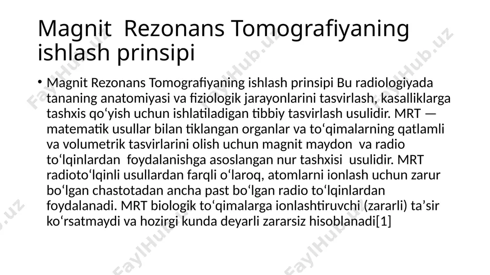 (periferik magnit maydon deb ham ataladi) metall ob’ektlarga (ferromagnit materiallarga) taʼsiri bilan bogʻliq. metall ob’ektlar ushbu maydonning taʼsir doirasiga tushmasligi kerak (ular bemorning tashqarisida ham, ichki qismida ham boʻlishi mumkin), chunki bunday narsalarni jalb qilish xavfi magnitga yaqinlashganda sezilarli darajada oshadi. asosiy magnitdan tashqari, radiochastotali impulslar ham bemorning tanasida joylashgan turli xil elektron qurilmalarga, masalan, yurak iimplantlariga (ritm drayverlari, yurak stimulyatorlari) taʼsir koʻrsatadi. statik magnit maydonning tirik organizmga salbiy taʼsiri haqida ilmiy jihatdan tasdiqlangan maʼlumotlar hali olinmagan, magnit maydonning xomilaga teratogen taʼsiri haqida hech qanday dalil yoʻq. biroq, homiladorlik koʻpincha mrt, ayniqsa, homiladorlikning birinchi trimestrida nisbatan qarshi koʻrsatma hisoblanadi. nisbiy qarshi koʻrsatmalar klostrofobiya (qurilma tunnelida boʻlgan vahima hujumlari oʻrganishga ruxsat bermasligi mumkin), shuningdek, fiziologik monitoringni talab qiladigan bemorning juda ogʻir holati mrt usulining afzalliklari turli impuls ketma — ketliklar qoʻllash yuqori turli yumshoq toʻqimalar tuzilmalar tasvirni 1 mm gacha kesma qalinligi bilan har qanday tekislikda kontrast olish imkonini beradi, bemorda …