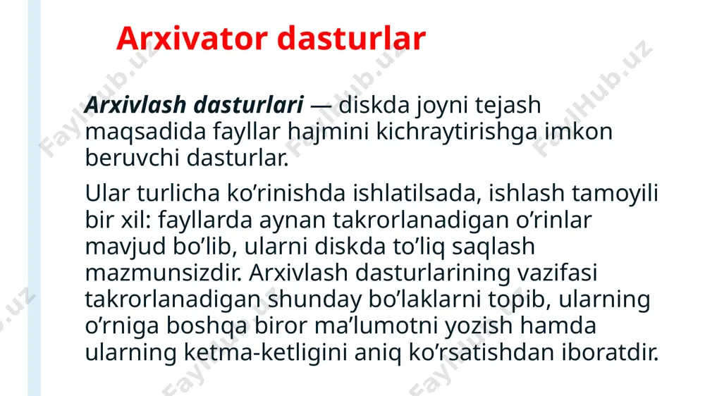 sqaradi (mashina kodidagi fayllarda esa arxivlash kutilgan natijani bermasligi mumkin, chunki bunday fayllarda qisish darajasi 8-10 foizgacha boradi); ularni boshqa foydalanuvchilardan himoya qiluvchi ko’plab samarali usullar ishlab chiqilgan; ularga mavjud bo’lgan kompyuter viruslarining 90 foizidan ko’prog’i ta’sir qila olmaydi; zamonaviy arxivlash vositalariga arj, pak, pcpak, pkarc, lha, ice, rar, winrar, winzip, microsoft backup kabi dasturiy vositalar misol bo’la oladi. kompyuter viruslari hozirgi kunda kompyuter viruslari g‘arazli maqsadlarda ishlatiluvchi turli xil dasturlarni olib kelib tatbiq etishda eng samarali vositalardan biri hisoblanadi. kompyuter viruslarini dasturli viruslar deb atash to‘g‘riroq bo‘ladi. dasturli virus deb avtonom ravishda ishlash, boshqa dastur tarkibiga o‘z – o‘zidan qo’shiluvchi, ishga qodir va kompyuter tarmoqlari va alohida kompyuterlarda o‘z – o‘zidan tarqalish xususiyatiga ega bo‘lgan dasturga aytiladi. viruslar bilan zararlangan dasturlar virus tashuvchi yoki zararlangan dasturlar deyiladi. hozirgi vaqtda 65000 dan ko‘p bo‘lgan virus dasturlari borligi aniqlangan. bu viruslarning katta guruhini kompyuterning ish bajarish tartibini buzmaydigan, ya’ni «ta’sirchan bo‘lmagan» …