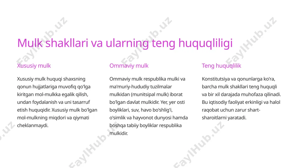 oydalanish zarur. bu resurslarni saqlash va kelajak avlodlar uchun muhofaza qilishni anglatadi. 2 davlat muhofazasi umummilliy boyliklar davlat muhofazasidadir. maxsus qonunlar va kodekslar orqali ularni muhofaza qilish va foydalanish tartiblari belgilangan. 3 javobgarlik umummilliy boyliklardan noto'g'ri foydalanish yoki ularga zarar yetkazganlik uchun ma'muriy va jinoiy javobgarlik belgilangan. 4 7 xulosa o'zbekiston respublikasi konstitutsiyasi jamiyat va shaxs munosabatlarini, xususan iqtisodiy sohada, aniq belgilab beradi. u xilma-xil mulk shakllarini tan oladi, xususiy mulkni himoya qiladi, iqtisodiy faoliyat erkinligini kafolatlaydi va umummilliy boyliklarni muhofaza qilishni ta'minlaydi. bu qoidalar mamlakatimizda barqaror iqtisodiy rivojlanish va fuqarolarning farovonligini oshirish uchun mustahkam huquqiy asos yaratadi. 8 image1.png image2.png image3.png image4.png image5.png image6.png image7.png image8.png image9.png image10.png image11.png image12.png image13.png image14.png image15.png