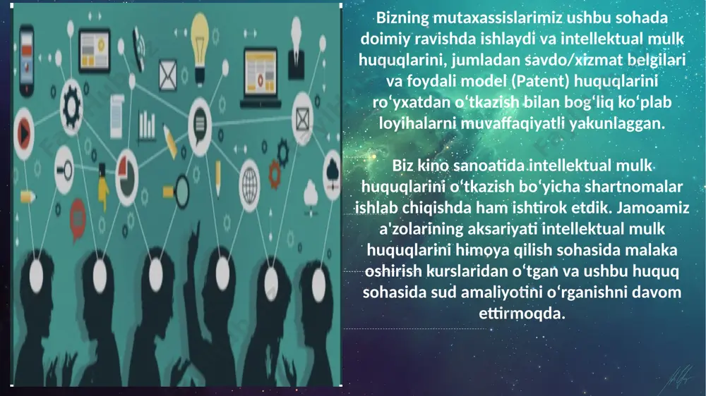 tlantirish, patent egalarini mukofotlash kabi imtiyozlar tizimini joriy qilish zarurligi taʼkidlandi. mamlakatimizda yiliga 4 ming 500 atrofida intellektual mulk obyekti, jumladan, 2 mingdan ziyod tovar belgilari roʻyxatdan oʻtadi. misol uchun, navoiy kon-metallurgiya kombinati soʻnggi oʻn yilda 35 ta ixtironi roʻyxatdan oʻtkazib, ularning 16 tasidan 400 milliard soʻmdan ortiq iqtisodiy samara koʻrgan. bu ishlanmalarni boshqa davlatlarning oltin qazish korxonalariga sotish boʻyicha muzokaralar olib borilmoqda. lekin bunday ixtirolar xorijda roʻyxatdan oʻtkazib kelinmoqda. chunki yurtimizda qiymatni baholash tizimi amalda ishlamayapti. buning oqibatida koʻplab ishlanmalar tijoratlashtirilmay qolib ketmoqda. shu bois butunjahon intellektual mulk tashkiloti mutaxassislari bilan baholovchilar tayyorlash tizimini yoʻlga qoʻyish muhimligi taʼkidlandi. kelgusi yil birinchi chorakda sanoat mulki patentlari platformasini yaratib, unga sanoat tarmoqlaridagi intellektual mulk obyektlarini joylashtirib borish, viloyatlardagi korxonalar va oliy oʻquv yurtlarining intellektual mulk obyektlari bazasini yaratish boʻyicha topshiriqlar berildi. oʻtgan yili 400 ga yaqin ixtiro, 110 ta foydali model, 170 ta sanoat namunasi, 36 ta seleksiya yutugʻi roʻyxatga olingan …