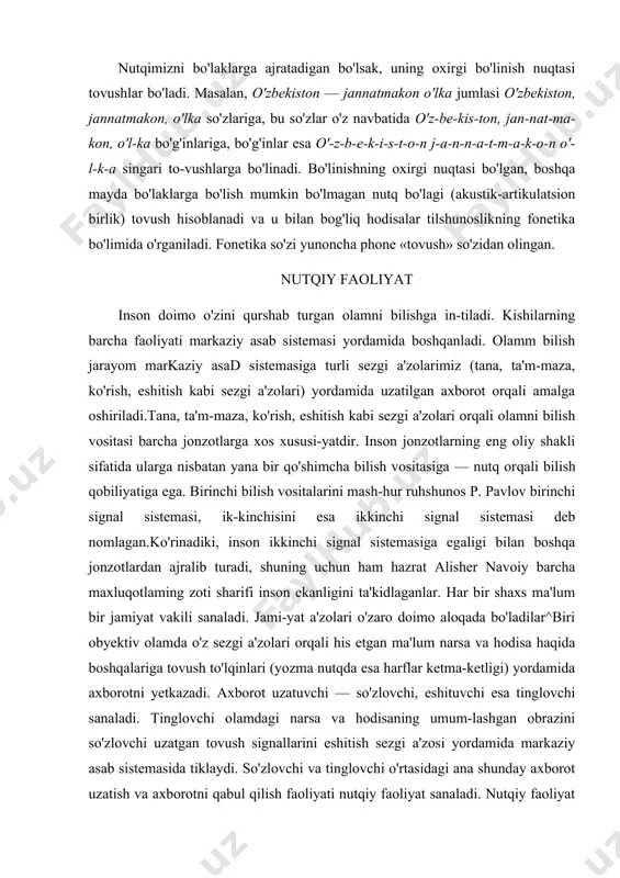disa haqida boshqalariga tovush to'lqinlari (yozma nutqda esa harflar ketma-ketligi) yordamida axborotni yetkazadi. axborot uzatuvchi — so'zlovchi, eshituvchi esa tinglovchi sanaladi. tinglovchi olamdagi narsa va hodisaning umum-lashgan obrazini so'zlovchi uzatgan tovush signallarini eshitish sezgi a'zosi yordamida markaziy asab sistemasida tiklaydi. so'zlovchi va tinglovchi o'rtasidagi ana shunday axborot uzatish va axborotni qabul qilish faoliyati nutqiy faoliyat sanaladi. nutqiy faoliyat yozma ravishda ham amalga oshirilishi mumkin. bunda ham nutqiy jarayon qatnashchilari ikki gu​ru hga bo'linadi. xat yo'llovchi shartli ravishda so'zlovchi, uni qabul qiluvchi (o'quvchi) esa tinglovchi hisoblanadi.nutqiy faoliyat muayyan jamiyatning aloqa vositasi hisob-lanuvchi til yordamida yuzaga chiqadi. ana shuni e'tiborga olgan holda mashhur shveysariya olimi ferdinand de sossyur nutqiy iaoliyatnmg til va nutq zidlamshi asosida amalga oshishini ta'kidlaydi va tilshunoslikda til va nutq tushun-chalarini farqlaydi. nutq faollashgan, bevosita yuzaga chiqqan til sanaladi. mali voqelanmagan imkoniyat tarzidagi, ma'lum jami​yat a'zolari uchun barobar xizmat qiluvchi ijtimoiy-ruhiy aloqa vositasi — til, shu tilning muayyan shaxs …
