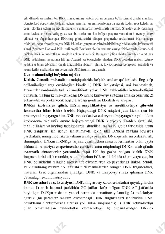 'payishi). dnkning funktsiyalari kirish. dnk oqsillarni sintezini va ularning hujayra ichidagi lokalizatsiyasini aniqlaydigan ma'lumotlarni o'z ichiga oladi. prokaryot hujayralarda dnk materialini oqsilga "tarjima qilish" jarayoni ikki bosqichda amalga oshiriladi: birinchi navbatda, transkripsiya sodir bo'ladi, ya'ni dnk kodlash hududini axborot yoki messenjer rnkga (mrnk) qayta yozish, so'ngra tarjima qilish, bunda transkripsiya sodir bo'ladi. mrnkda qayd etilgan ma'lumotlar ribosomada oqsil sintezi uchun ishlatiladi. eukariotlarda murakkabroq jarayon sodir bo'ladi. birinchidan, ularning dnk molekulasining faqat bir qismi oqsil sintezi uchun shablondir (bunday hududlar ekzonlar deb ataladi). dnkning 90% gacha oqsillarni (masalan, intronlar) kodlamaydi va bu hududlarning vazifasi noma'lum. dnk ning rnk ga transkripsiyasi tugallangandan so'ng, splayslanish sodir bo'ladi, ya'ni birlamchi transkriptdan intronlarning chiqarilishi va ekzonlarning "bog'lanishi". transkripsiya va splayslanish yadroda sodir bo'ladi, shundan so'ng etuk mrnk sitoplazmaga kiradi. translyatsiya sitoplazmada yoki endoplazmatik retikulum yuzasida joylashgan ribosomalarda amalga oshiriladi. bu erdan sintezlangan oqsillar ularning tuzilishidagi o'ziga xos signal ketma-ketligiga muvofiq turli hujayra ichidagi bo'limlarga yuboriladi. …