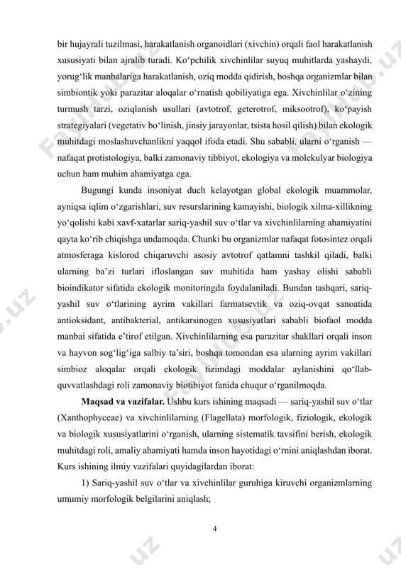 iyatini ko‘rsatish. ishning tuzilishi. kurs ishi tarkibiy jihatdan kirish, ikki asosiy bob, xulosa va foydalanilgan adabiyotlardan tashkil topgan. birinchi bob — “sariq-yashil suv o‘tlarning umumiy tavsifi” deb nomlanib, bu bobda xanthophyta bo‘limiga mansub suv o‘tlarning biologik, morfologik va ekologik jihatlari, ko‘payish usullari, pigment tizimi, fotosintez jarayoni hamda ularning ekologik va biotexnologik ahamiyati batafsil yoritilgan. ikkinchi bob — “xivchinlilar: tuzilishi va hayoti” deb nomlanib, xivchinlilar sinfiga kiruvchi organizmlarning tuzilishi, harakatlanish mexanizmlari, tasnifi, yashash muhiti, ko‘payish usullari va ekologik rollari haqida ilmiy tahlillar bayon etilgan. yakunda, kurs ishining “xulosa” qismida olib borilgan tahlil va kuzatuvlar asosida umumlashtirilgan ilmiy natijalar keltiriladi, ularning bugungi ekologik, biologik va amaliy fanlar kontekstidagi dolzarbligi ta’kidlanadi. ish yakunida esa foydalanilgan adabiyotlar ro‘yxati keltirilib, tadqiqotning ilmiy asoslanganligi va manba ta’minoti ta’minlanadi. i bob. sariq-yashil suvo‘tlarning umumiy tavsifi 1. sariq-yashil suvo‘tlar haqida umumiy tushuncha suv o‘tlar biosferada organik moddalarni birinchi bo‘lib hosil qiluvchi organizmlar sifatida juda katta ahamiyatga ega. okeanlarda …