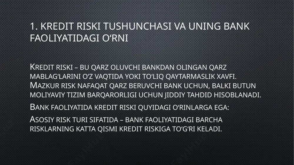 – foiz stavkalari, to‘lov muddatlari va grafiklarini qarz oluvchining imkoniyatlariga mos ravishda belgilash. monitoring va nazorat – kredit berilgandan so‘ng qarz oluvchining moliyaviy holatini muntazam nazorat qilish, kechikkan to‘lovlarni tezda aniqlash. ichki nazorat tizimini kuchaytirish – bank xodimlari tomonidan kredit berish jarayonida xatoliklarga yo‘l qo‘ymaslik uchun maxsus ichki me’yoriy hujjatlar va nazorat mexanizmlarini joriy etish. zaxira fondlari shakllantirish – qaytmasligi mumkin bo‘lgan kreditlar uchun ehtiyot fondlar tashkil etish orqali riskni qisman qoplash. 4. kredit riskini sug‘urtalashning mohiyati va amaliy qo‘llanilishi banklar kredit berishda doimo risklarga duch keladi. ushbu risklarni kamaytirishning eng samarali vositalaridan biri — kredit riskini sug‘urtalashdir. sug‘urta mexanizmi orqali banklar qarz oluvchining kreditni qaytarmaslik ehtimoliga qarshi o‘zlarini moliyaviy himoya qiladi. kredit riskini sug‘urtalashning mohiyati: maqsadi – bankning moliyaviy barqarorligini saqlash, investorlar va mijozlar ishonchini oshirish. obyekti – qarz oluvchi tomonidan qaytarilmagan kredit va unga hisoblangan foizlar. mazmuni – kredit bo‘yicha qarzdorning majburiyatlarini bajarmasligi oqibatida bank zarar ko‘rsa, sug‘urta …