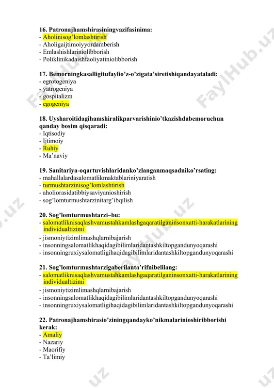 dniko’rsating: · mahallalardasalomatlikmaktablariniyaratish · turmushtarzinisog’lomlashtirish · aholiorasidatibbiysaviyanioshirish · sog’lomturmushtarzinitarg’ibqilish 20. sog’lomturmushtarzi–bu: · salomatliknisaqlashvamustahkamlashgaqaratilganinsonxatti-harakatlarining ( individual tizimi ) · jismoniytizimlimashqlarnibajarish · insonningsalomatlikhaqidagibilimlaridantashkiltopgandunyoqarashi · insonningruxiysalomatligihaqidagibilimlaridantashkiltopgandunyoqarashi 21. sog’lomturmushtarzigaberilanta’rifnibelilang: · salomatliknisaqlashvamustahkamlashgaqaratilganinsonxatti-harakatlarining ( individual tizimi ) · jismoniytizimlimashqlarnibajarish · insonningsalomatlikhaqidagibilimlaridantashkiltopgandunyoqarashi · insonningruxiysalomatligihaqidagibilimlaridantashkiltopgandunyoqarashi 22. patronajhamshirasio’ziningqandayko’nikmalarinioshiribborishi kerak: · amaliy · nazariy · maorifiy · ta’limiy 23. noverbalmuloqotqandayamalgaoshadi: · birinsonnigko’pkishilikguruhbilansuhbati · imo-ishora,qo’lvagavdaharakatibilanmuomaladabo’lish · og’zakimuloqot · muloqotnisamaraliolibborish 24. muloqotsamaralibo’lishiuchunnechtaelementmuhim: · 5ta · 3ta · 4ta · 2ta 25. insonhis-tuyg’larivaemotsiyalariningtashqiko’rinishimuloqotning qaysi vositasi orqali namoyon bo’ladi: · ichkishaxsiymuloqot · o’zaroshaxsiymuloqot · noverbalmuloqot · verbalmuloqot 26. tanaharoratinio’lchashjoylari: · og’izbo’shlig’i,qo’ltiqosti,to’g’riichak · qo’ltiqosti,to’g’riichak,tirsakbo’shlig’i · og’izbo’shlig’i,qo’ltiqosti,peshonada,tizzabo’shlig’i,to’g’riichak · og’izbo’shlig’i,tizzabo’g’imi,quloqortida 27. pulsqaysisohalardaaniqlanadi: · ( to’piqningichki qismida )chakka,uyquarteriyasi,bilaksohasi,tizzako’ziosti(taqimarteriyasid, · ensasoxasidan,qorinvaoshqozonsoxasida,barmoqda · boshningyuqoriqismida,peshonasoxasida,qovuqda,to’piqda · jagostida,qorinvaoshqozonsoxasida,tizzada,boldirda,kichikchanoqsoxasida 28. nafasa’zolarikasalliklariko’pinchaqaysibelgilarbilannamoyonbo’ladi: · nafasqisishi,yo’tal,qontupurish
