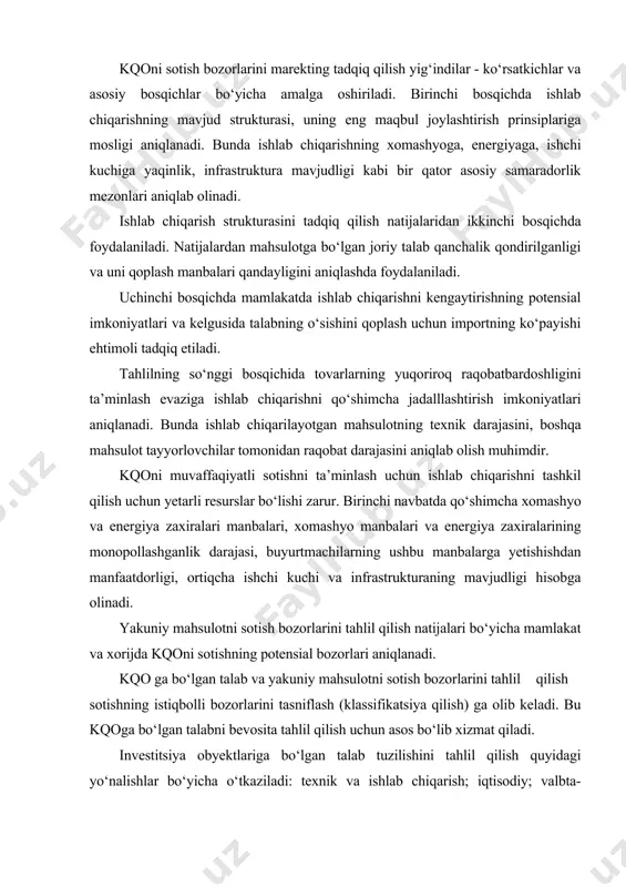 l qilish sotishning istiqbolli bozorlarini tasniflash (klassifikatsiya qilish) ga olib keladi. bu kqoga bo‘lgan talabni bevosita tahlil qilish uchun asos bo‘lib xizmat qiladi. investitsiya obyektlariga bo‘lgan talab tuzilishini tahlil qilish quyidagi yo‘nalishlar bo‘yicha o‘tkaziladi: texnik va ishlab chiqarish; iqtisodiy; valbta-moliyaviy; obyektni qurish imkoniyatlari va uning ko‘rsatkichlari; kqoni sotish shakli. tahlil tuzilgan shartnomalar ma’lumotlari, sotuvga buyurtmalar, amaldagi korxonalar ko‘rsatkichlari va qurilish bosqichida bo‘lgan obyektlar ko‘rsatkichlari asosida amalga oshiriladi. asosiy maqsad - bo‘lg‘usi buyurtmachiga ma’qul keladigan narsalarning real tizimini aniqlab olishdan iborat. bu o‘z navbatida pudratchi tijorat va ishlab chiqarish strategiyasini tanlab olishini keltirib chiqaradi. kapital qurilish marketingining sotish faoliyati tahlili sotish faoliyatining asosiy natijalarini tahlil qilish kompaniyaning bozordagi o‘rnini tavsiflovchi sotishning asosiy ko‘rsatkichlarini aniqlashga qaratilgan. tahlilning bosqichlari quyidagicha: shartnomalar tuzish dinamikasini tadqiq qilish, kontraktlar bo‘yicha kqoni taqsimlash geografiyasini tahlil qilish va obyektlar qurishning samaradorligini o‘rganish. sotish faoliyatining o‘zgaruvchanligi intensivligini aniqlash uchun sotish operatsiyalarini tahlil qilishda o‘tgan besh-yetti yil ichida tuzilgan kontraktlar …