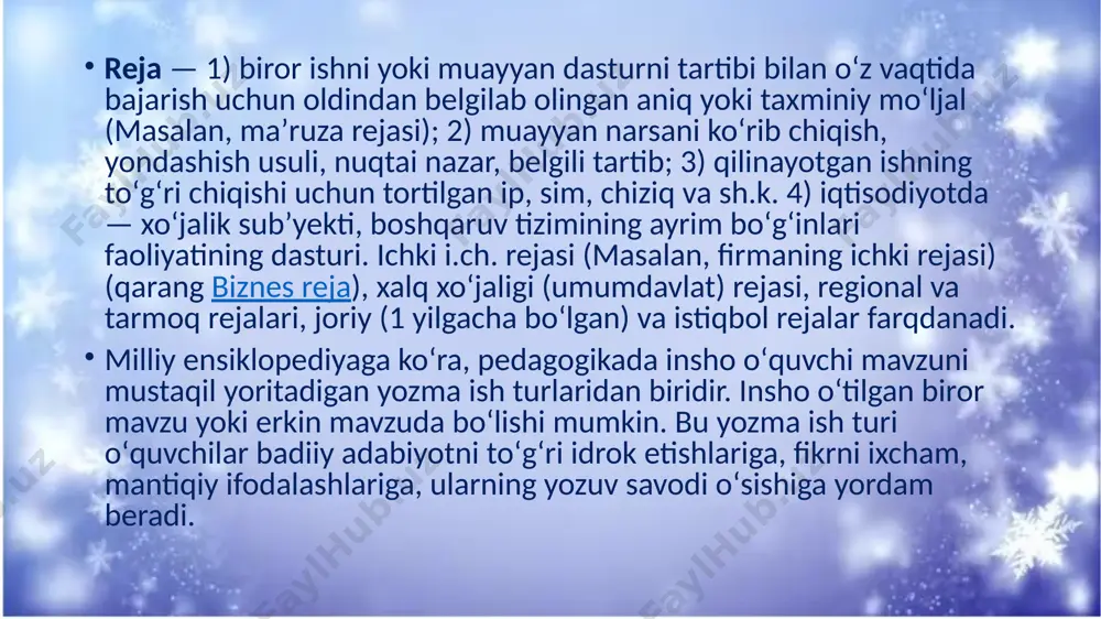r va mintaqalar miqyosida; makrodarajada — mamlakatning butun iqtisodiyoti miqyosida) ijtimoiy-iqtisodiy jarayonlarni tartibga solish va boshqarish shakllari. joriy, qisqa muddatli (oylik, choraklik, yillik), oʼrta muddatli (5 yillik) va istiqboldagi — uzoq muddatli (10—15 yillik) rejalashtirishga boʼlinadi.shuning uchun ham dono xalqimiz tomonidan yaratilgan xalq maqollari o’z qiymatini yo’qotgan emas. reja xususida xalq maqollari rejali ish — tejamli ish. rejali ish buzilmas. rejali ish — hamisha besh. rejasiz daraxtzor — changalzor. rejasiz ish — qolipsiz g'isht. agar reja o'xshamasa rejani o'zgartir, maqsadni emas. har tong kunlik reja tuz va uni albatta bajar.(lev tolstoy) siyosatda tasodiflar boʼlmaydi, har qanday tasodif ham puxta oʼylangan reja asosida amalga oshiriladi.(ruzvelt) konspekt va konspekt turlari konspekt (lot. conspectus — koʻrinish) — kitob, maqola, leksiya va boshqalarning qisqa yozma bayoni. konspekt reja, qisqa bayon qilingan asosiy nizom, fakt va misollardan iborat. - reja, ko’chirmalar va tezislarning birlashtirilishini nazarda tutadi; - bayonning ichki mantiqiga qurilgan; - asosiy xulosalar va …