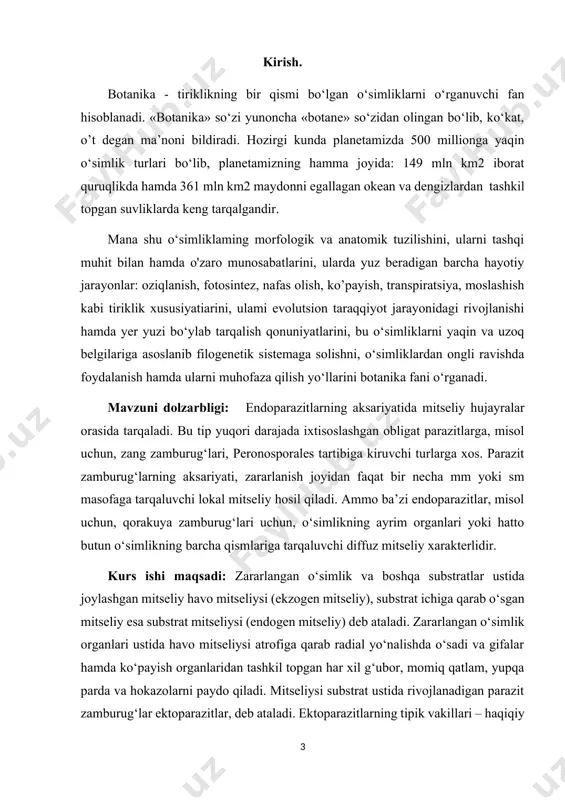 ar qalinligining barqarorligi zamburug‘ turini aniqlashda diagnostik belgi sifatida qo‘llaniladi. o‘sish tezligi ozuqa moddalar gifa uchiga yetkazib berilishi bilan bog‘liq va odatda soatiga 0,1-6,0 mm. alohida gifaning uzunligi bir necha santimetrga yetishi mumkin. i-bob. zigomitsetlar -zygomycetes sinfi haqida 1.1 zamburug’larning umumiy tavsifi. odatda, mikologiyaning rivojlanishi uch davrga ajratiladi. birinchi davr xix asrning o‘rtalarigacha davom etgan. bu davrda har xil zamburug‘larni tasvirlash va tasniflashga urinishlar bo‘lgan. ikkinchi davrda (xix asrning o‘rtasidan oxirigacha) zamburug‘lar sistematikasiga oid ishlar bilan birga ularning ontogenezi va filogenezi ham o‘rganilgan. bu davrda fransuz olimlari aka-uka l. tyulan va sh. tyulanlar unshudring, zang va qorakuya zamburug‘lardagi pleomorfizm hodisasini, ya’ni bir tur zamburug‘da turli xilda spora hosil bo‘lishini aniqlashdi. nemis botanigi a. de bari parazit zamburug‘larni eksperimental o‘rganish, uning shogirdlari saprofit zamburug‘larni ekish metodikasini ishlab chiqdilar. rossiyada m. s. voroninning parazit zamburug‘lar ustida qilgan ishlari muhim ahamiyat kasb etdi. uchinchi – yangi davrda zamburug‘lar fiziologiyasi va biokimyosi rivojlantiriladi. nemis …