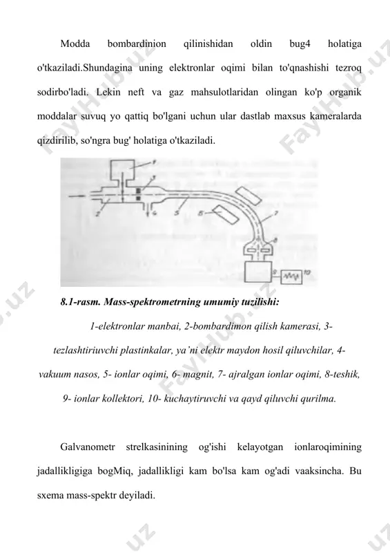 ntlanishxususiyatiga ega emas. musbat zaryad galogen oh, or, nh2 kabiguruhlar bilan bog'lanadigan uglevodorod atomida yig'iladiganjarayonlar oson boradi. chunki bunda umumlashgan elektron juft uglerod atominingyarim «bo'shagan» orbitalini band qiladi, ya’ni musbat zaryadyig'ilgan uglevodorod va geteroatom o'rtasida tabiati jihatidan donorakseptorbog'lanish vujudga keladi. bu shu ionning mustahkamliginita’minlaydi. to‘rtinchidan: allil va benzil sistemalar barqaror bo'lgani uchunularhosil bo'lishi bilan boradigan fragmentlanish katta ehtimollikkaega.shuningdek, dekarboksillash va degidratlanish bilan bo'ladiganfragmentlanish ham sistemani barqaror qiladi. beshinchidan: uzun zanjirli fragmentlar kichik massali ionlargaajralishga intiladi. lekin katta ionning kichik ionga parchalanishienergetik jihatdan qulay bo'lmasligi mumkin. masalan, bu hodisafragmentlanishda neytral molekulalar hosil bo'lganda kuzatiladi,chunkineytral molekulalar ionlar va radikallarga nisbatan juda barqaror. shuning uchun ham katta ionlaming nisbatan barqaror kichikionlar hosil qilib parchalanishga qaraganda, ulaming neytral molekulava dastlabki ionga nisbatan barqarorroq bo'lib, parchalanishi energetik qulay. neytral molekulalar (h20 , co, hcn va ch3cooh) ni mass-spektrqayd qila olmasa ham ularning mavjudligini spektrdagi m-h2o (m-18), m-co (m-28), m-hcn (m-27), m-ch3cooh(m-60) cho'qqilardan bilish mumkin. fragmentlanish …