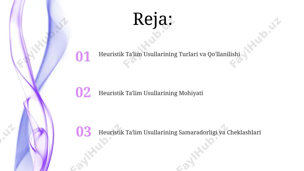 y usullarga nisbatan sezilarli darajada yuqori ko'rsatkich hisoblanadi. o'yin texnologiyalari yordamida o'quv jarayonini individualizatsiya qilish, ya'ni har bir o'quvchining ehtiyojlariga moslashtirish va natijada 30% ga yaqin o'quv samaradorligini oshirish mumkin. loyiha metodi loyiha metodi o'quvchilarni 5-7 kishilik guruhlarga bo'lib, murakkab muammolarni hal qilishga, amaliy ko'nikmalarni rivojlantirishga va jamoaviy ishlashga o'rgatadi. loyiha metodining samaradorligi 3 bosqichdan iborat: rejalashtirish, amalga oshirish va natijalarni taqdim etish, bu jarayon o'quvchilarning muammolarni tahlil qilish va hal qilish qobiliyatlarini oshiradi. mustaqil ish mustaqil ishlarning samaradorligi 80% ga yaqin bo'lishi uchun aniq topshiriqlar, reja va baholash mezonlari bo'lishi kerak. mustaqil ish, o'quvchilarning 20% dan ortiq vaqtini egallaydigan, mustaqil bilimlarni egallashga qaratilgan o'quv faoliyatining muhim qismidir. heuristik ta'lim usullarining mohiyati heuristik ta'lim usullari o'quvchilarni 5-7 ta muhim savollar yordamida muammoni mustaqil hal qilishga, mulohaza yuritish va kritik fikrlash ko'nikmalarini rivojlantirishga qaratilgan. heuristik ta'lim jarayonida o'quvchilar o'zlarining bilish faoliyatlarini 40% mustaqil tushunish, 60% o'qituvchining yordami bilan amalga oshirish orqali …