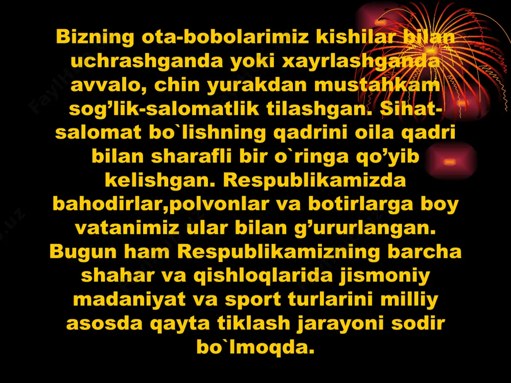 m shug’ullanib, chiniqa boshlaydi. suvda suzish, chavondozlik, qilichbozlik va boshqalar uning kundalik mashg’uloti bo`lib qoladi. abdulla avloniyning fikricha, sog’lom fikr yaxshi ahloq, ilm-ma`rifatga ega bo`lish uchun badanni tarbiya qilish zarur. «badanning salomat va quvvatli bo`lmog’i insonga eng kerakli narsadur. chunki o`qimoq, o`qitmoq, o`rganmoq va o`rgatmoq uchun insonga kuchlik, kasalsiz jasad lozimdir. sog’ badanga ega bo`lmagan insonlar amallarida, ishlarida kamchilikka yo`l qo`yurlar....bunday tarbiyaning fikr tarbiyasiga ham yordami bordir. jism ila rux ikkisi bir choponning o`ng ili terisi kabidur. agar jism tozalik ila ziynatlanmasa, yomon xulqlardan saqlanmasa, choponni ustini qo’yib, astarini yuvib ovora bo`lmak kabidurki, har vaqt ustidagi kiri ichiga uradur. fikr tarbiyasi uchun mehnat va sog’lom vujud kerakdur». sport tufayli o`z kuchi va mahoratini quvonch bilan his etish, tabiat bilan muloqotda bo`lish azaldan kishilar dilini xushnud etgan. demak, yuqoridagi misollardan ko`rinib turibdiki, insonning aqliy, ahloqiy va jismoniy kamoloti kishilik tarixi taraqqiyotining barcha jabhalarida ulug’langan, qadrlangan. jismoniy tarbiya kishilarga qulay ta`sir ko`rsatib, …